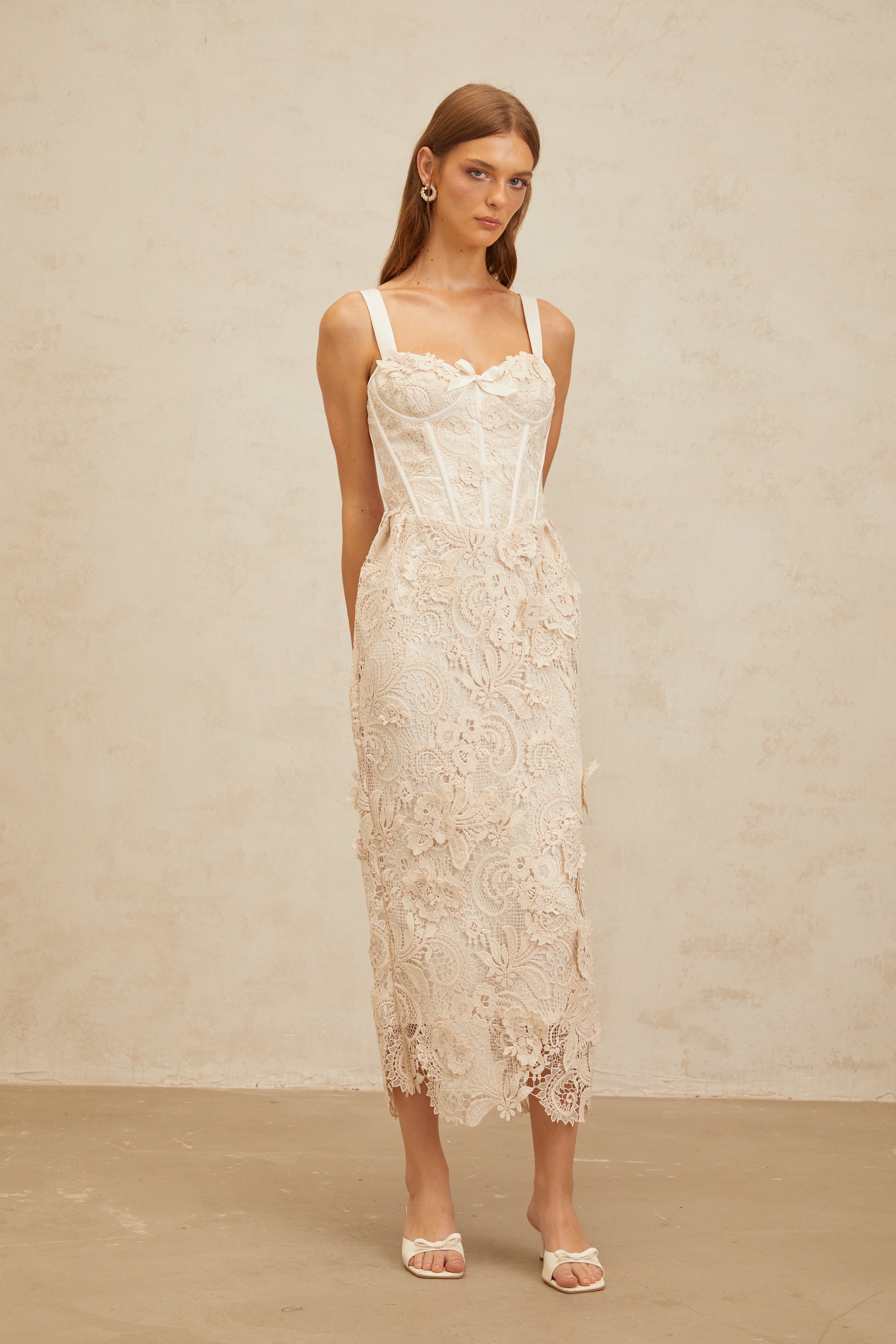 Irène Neutrals Corded Lace Corset Midi Dress