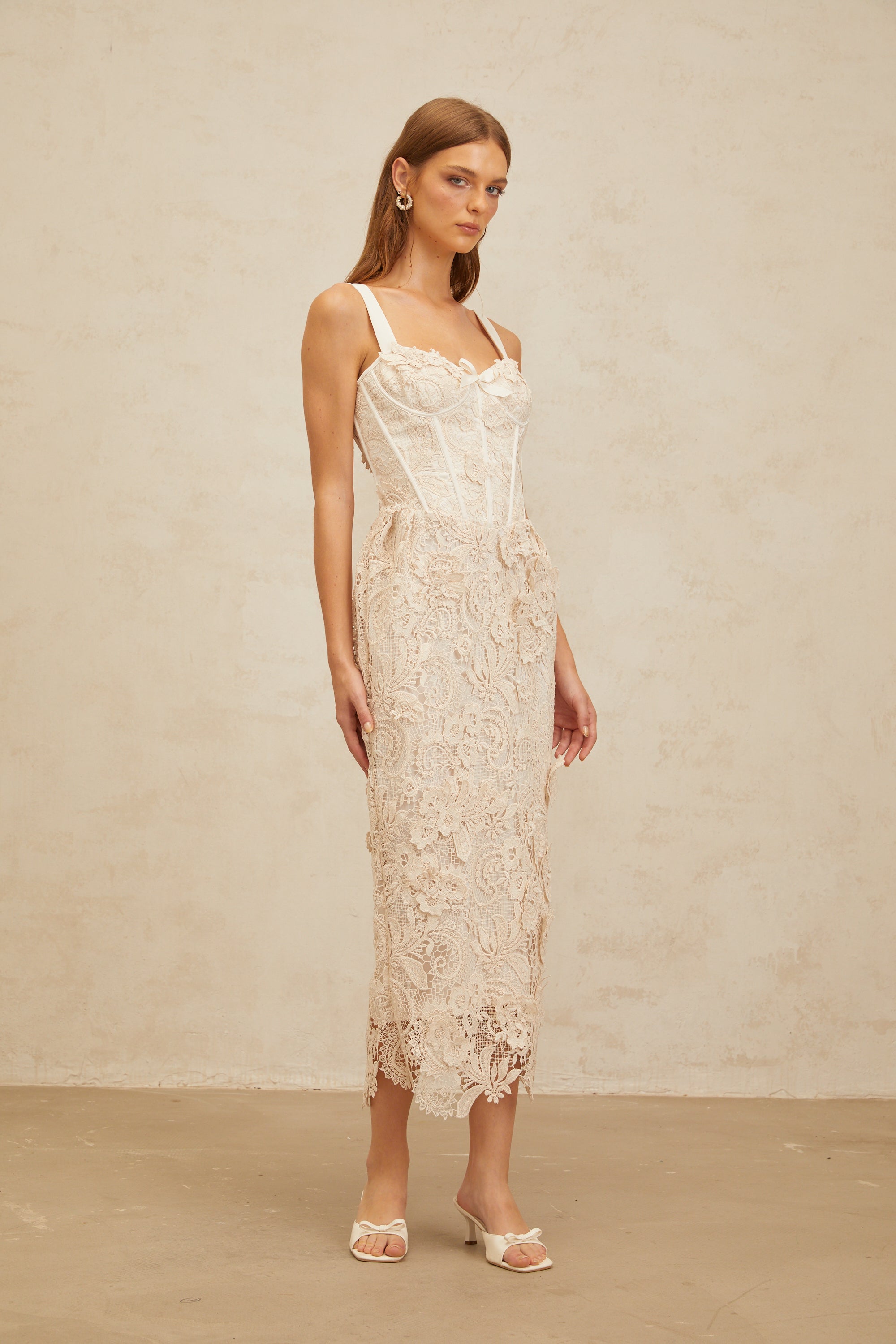 Irène Neutrals Corded Lace Corset Midi Dress