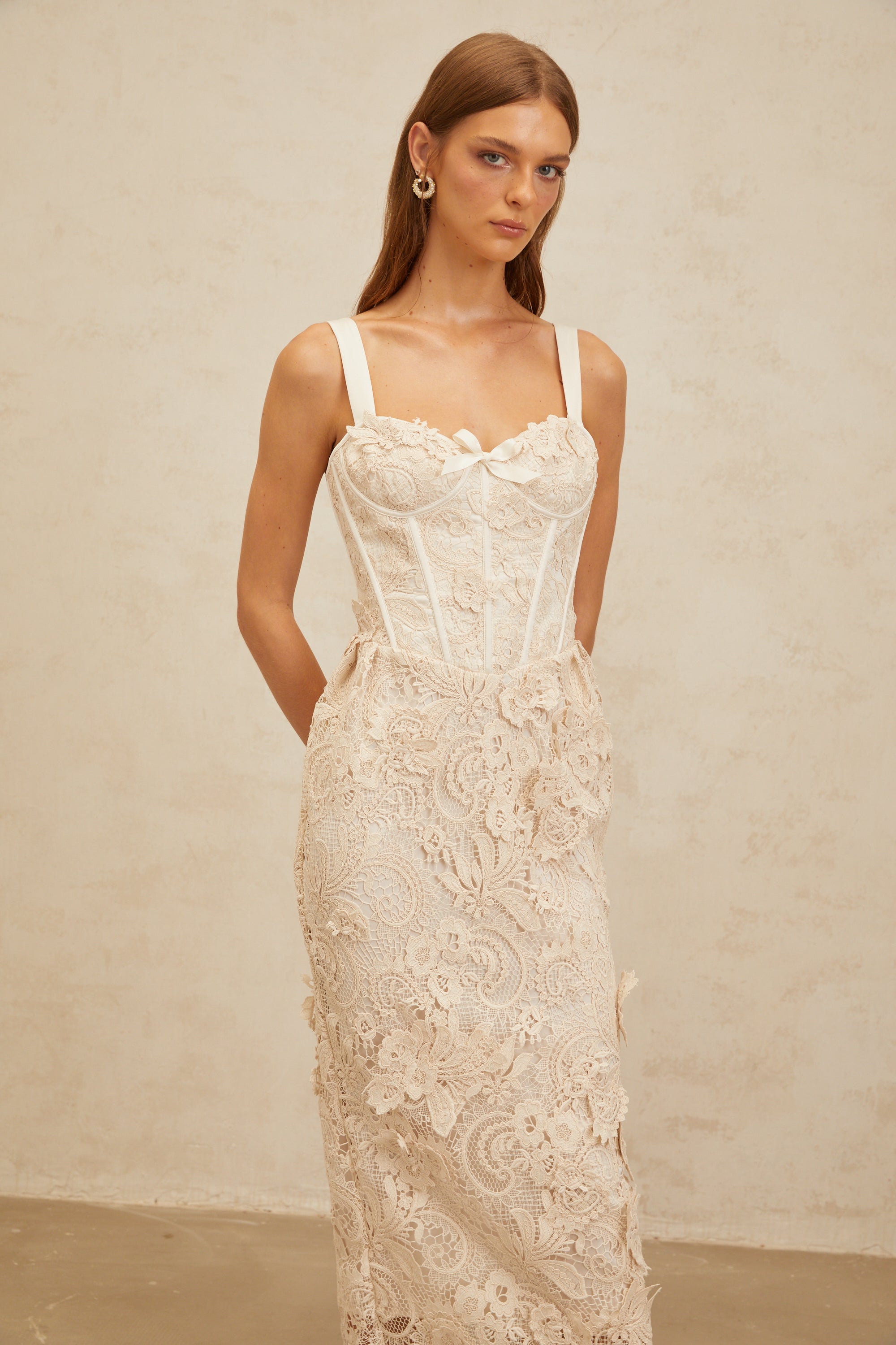 Irène Neutrals Corded Lace Corset Midi Dress