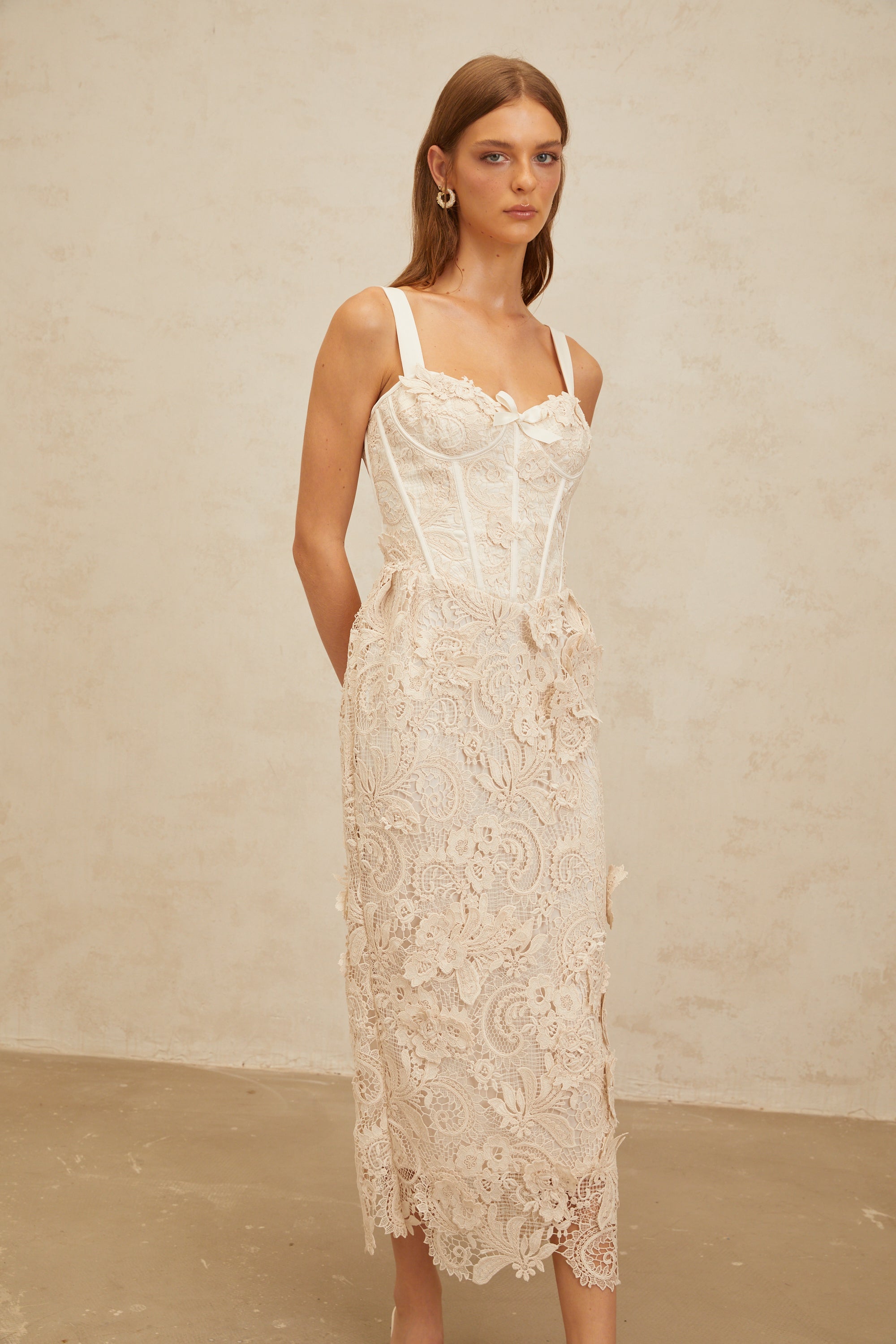 Irène Neutrals Corded Lace Corset Midi Dress