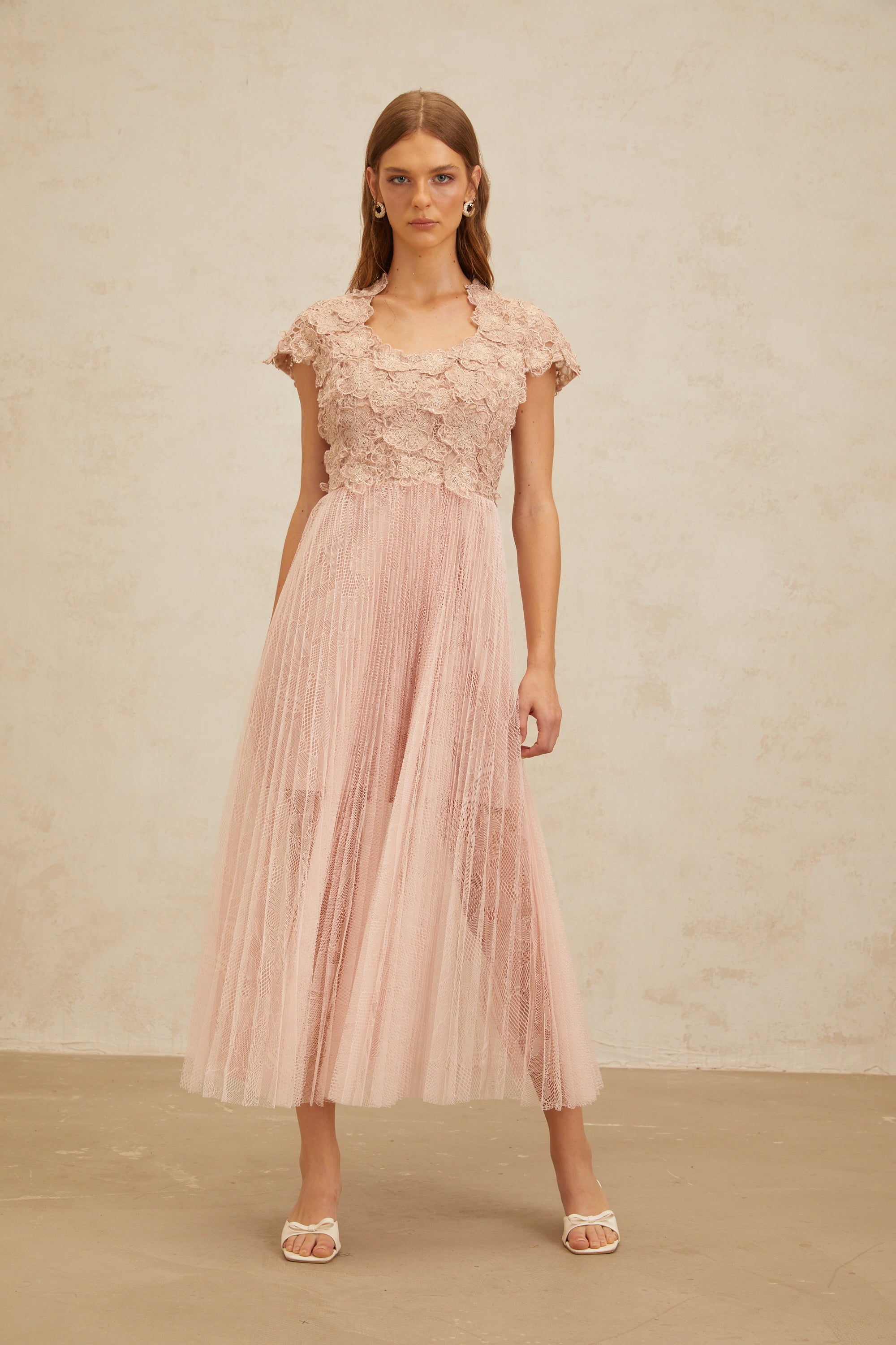 Airelle Pink Floral Embroidered Tulle Midi Dress (Final Sale-US Only)