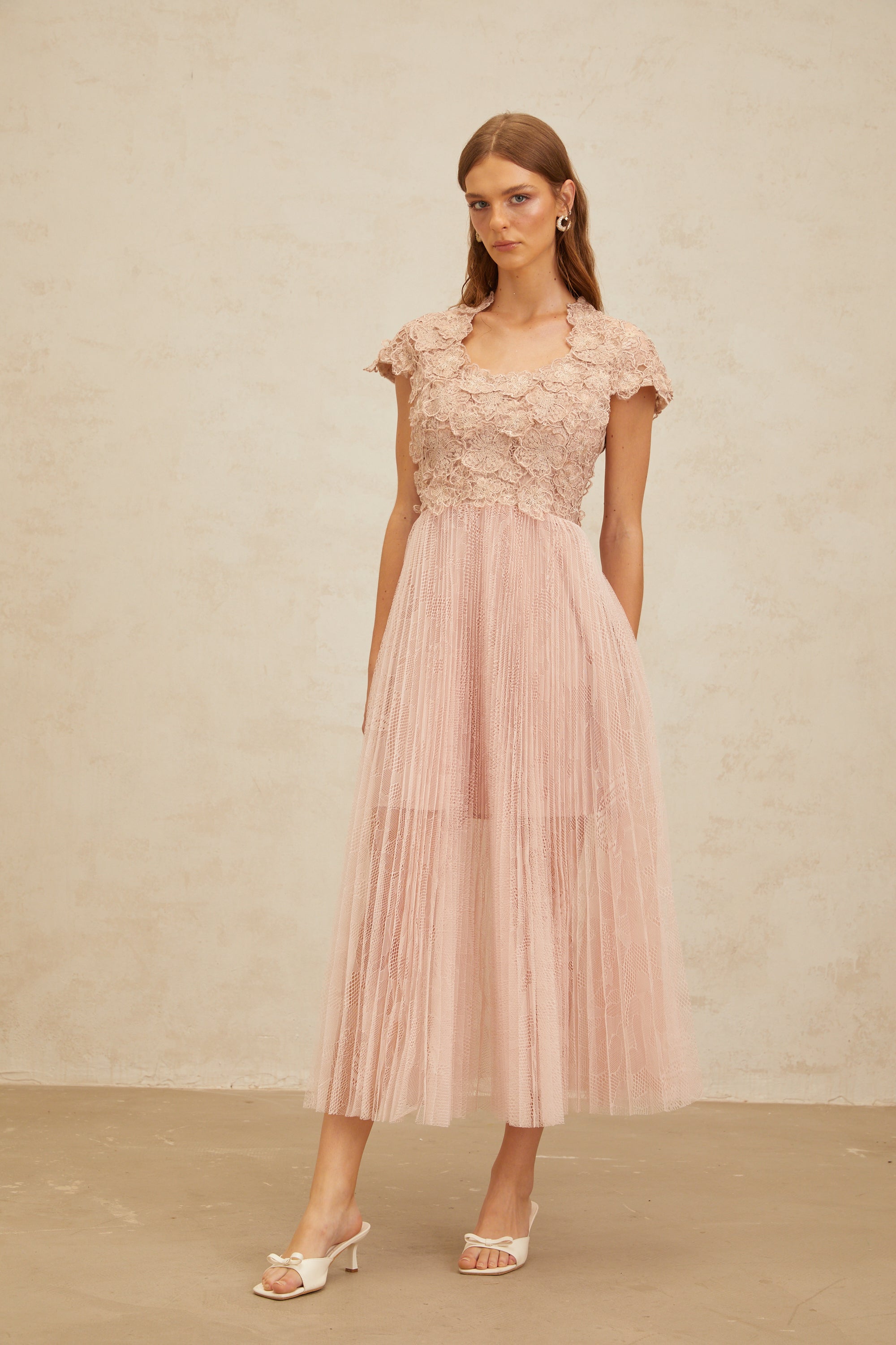 Airelle Pink Floral Embroidered Tulle Midi Dress (Final Sale-US Only)