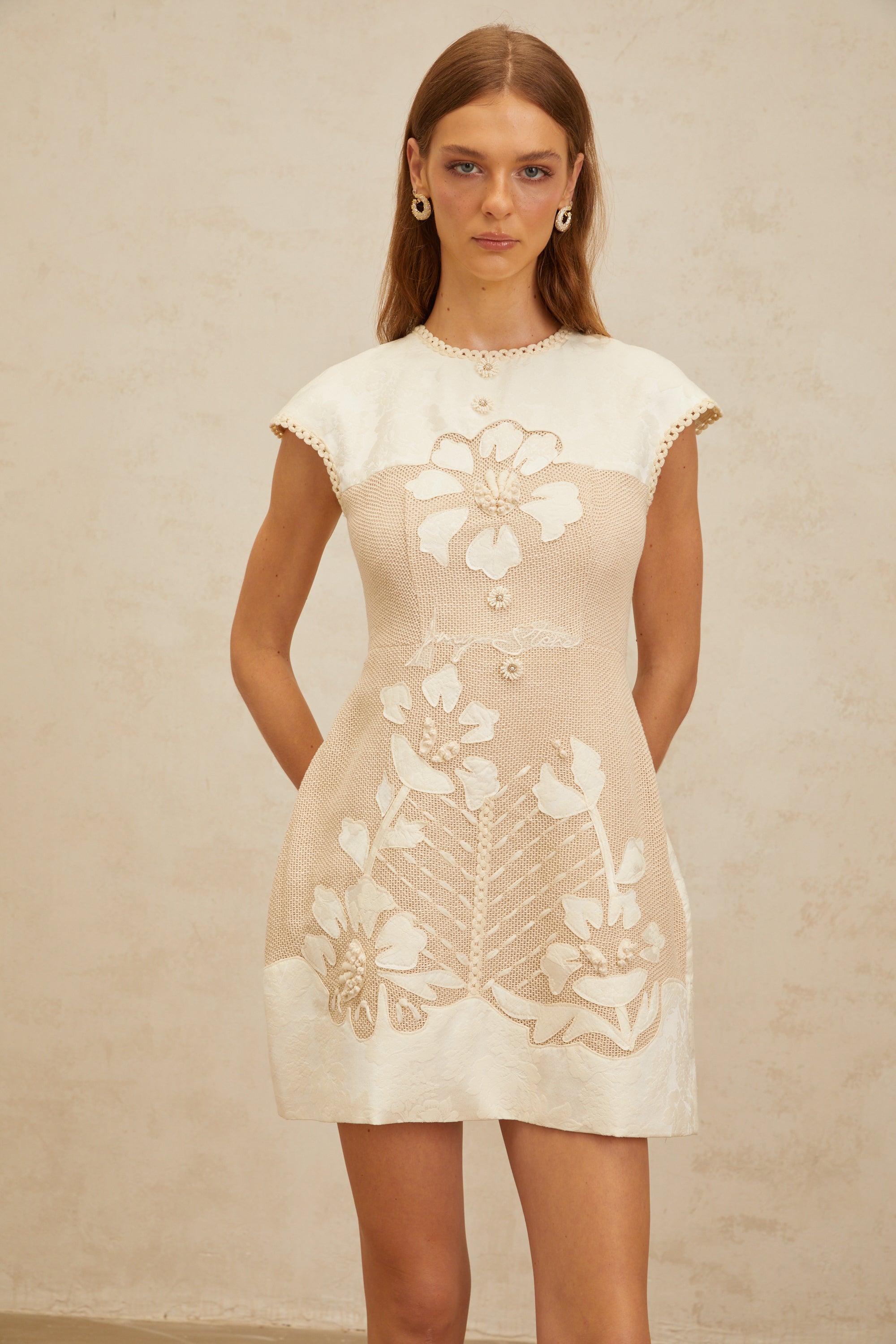 Manon Neutral Floral Embroidered Crochet Mini Dress