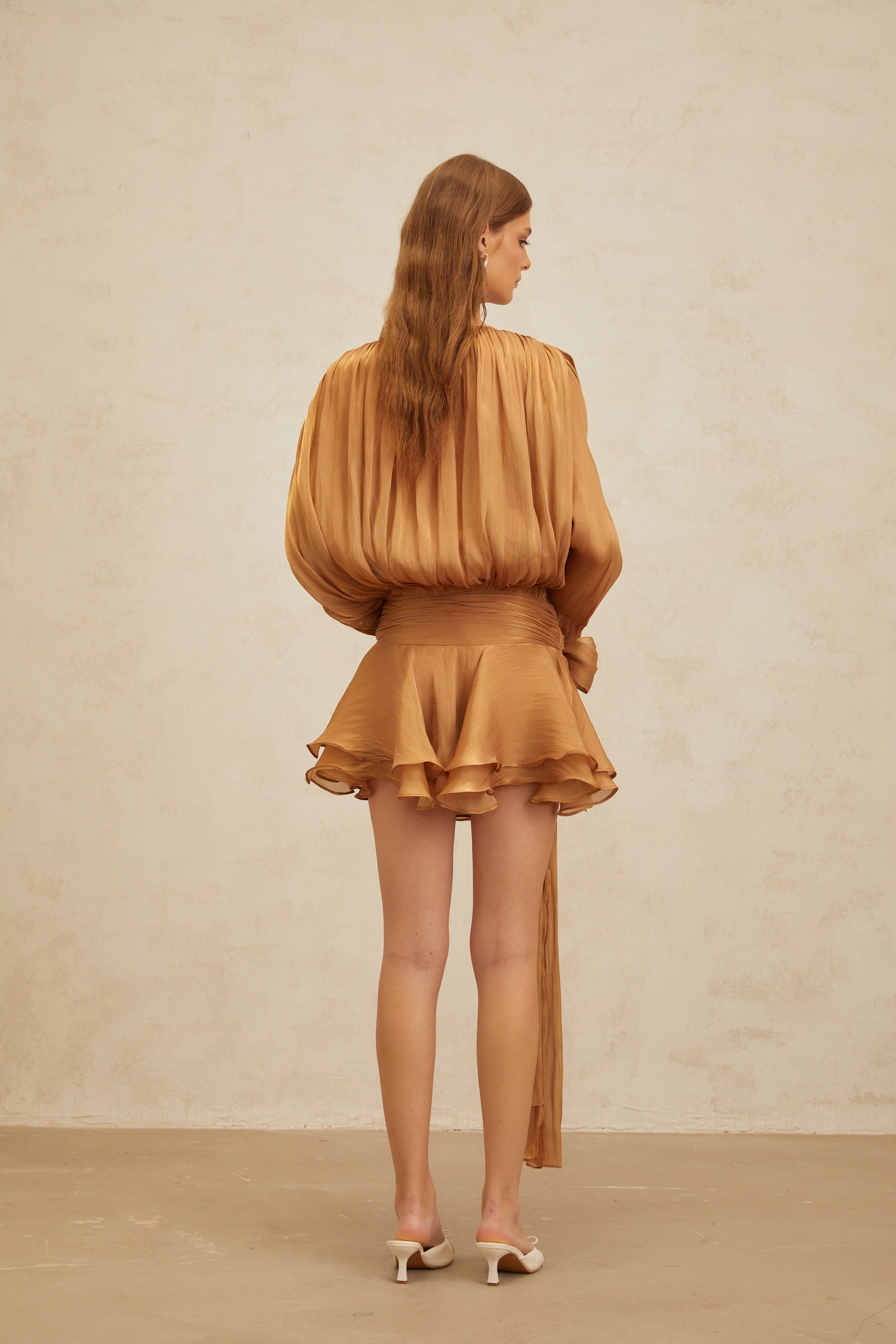 Eugénie Gold Fully Pleated Ruffled Mini Dress (Final Sale)