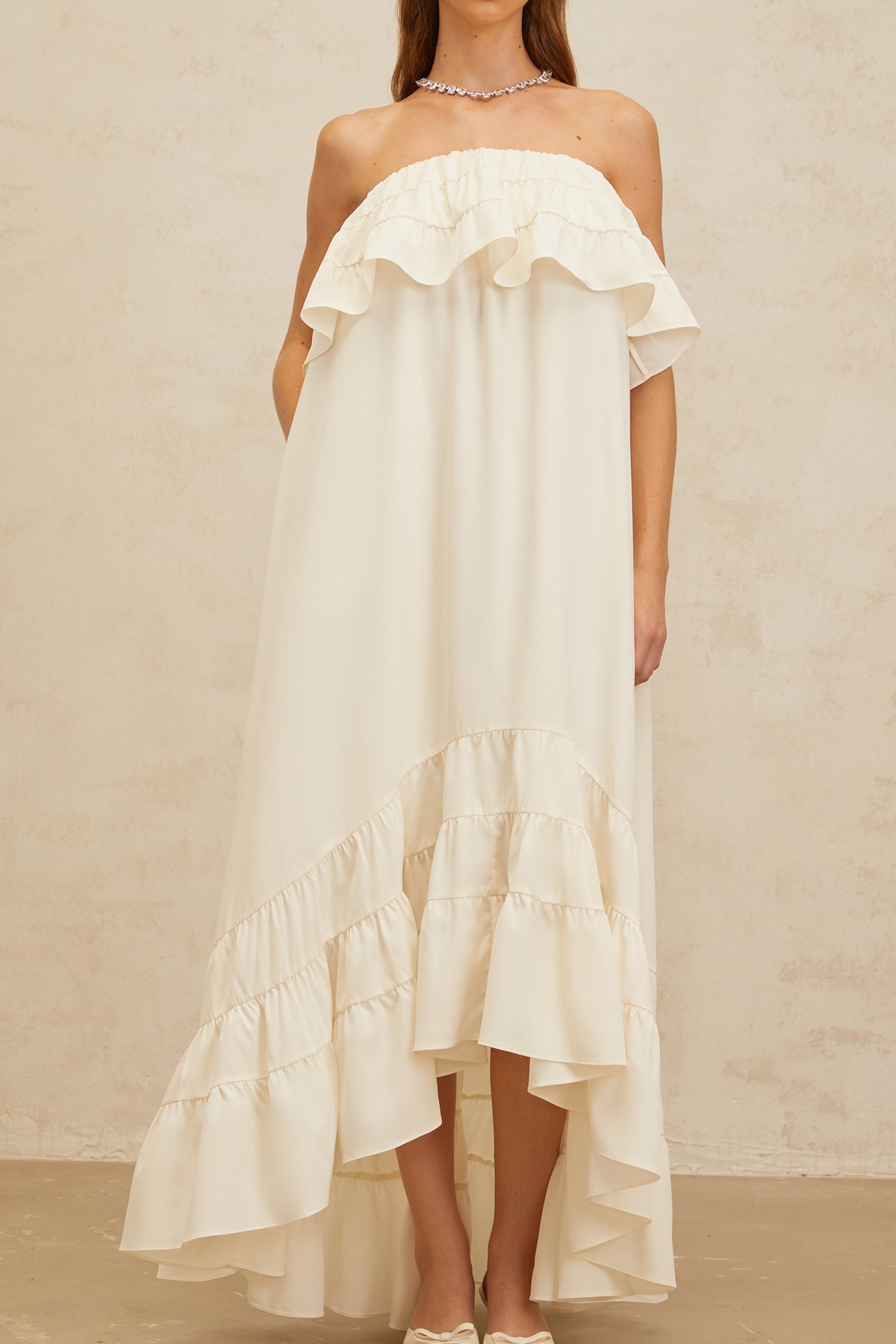 Bénédicte White Vibrant Off Shoulder Shirred Maxi Dress (Final Sale)