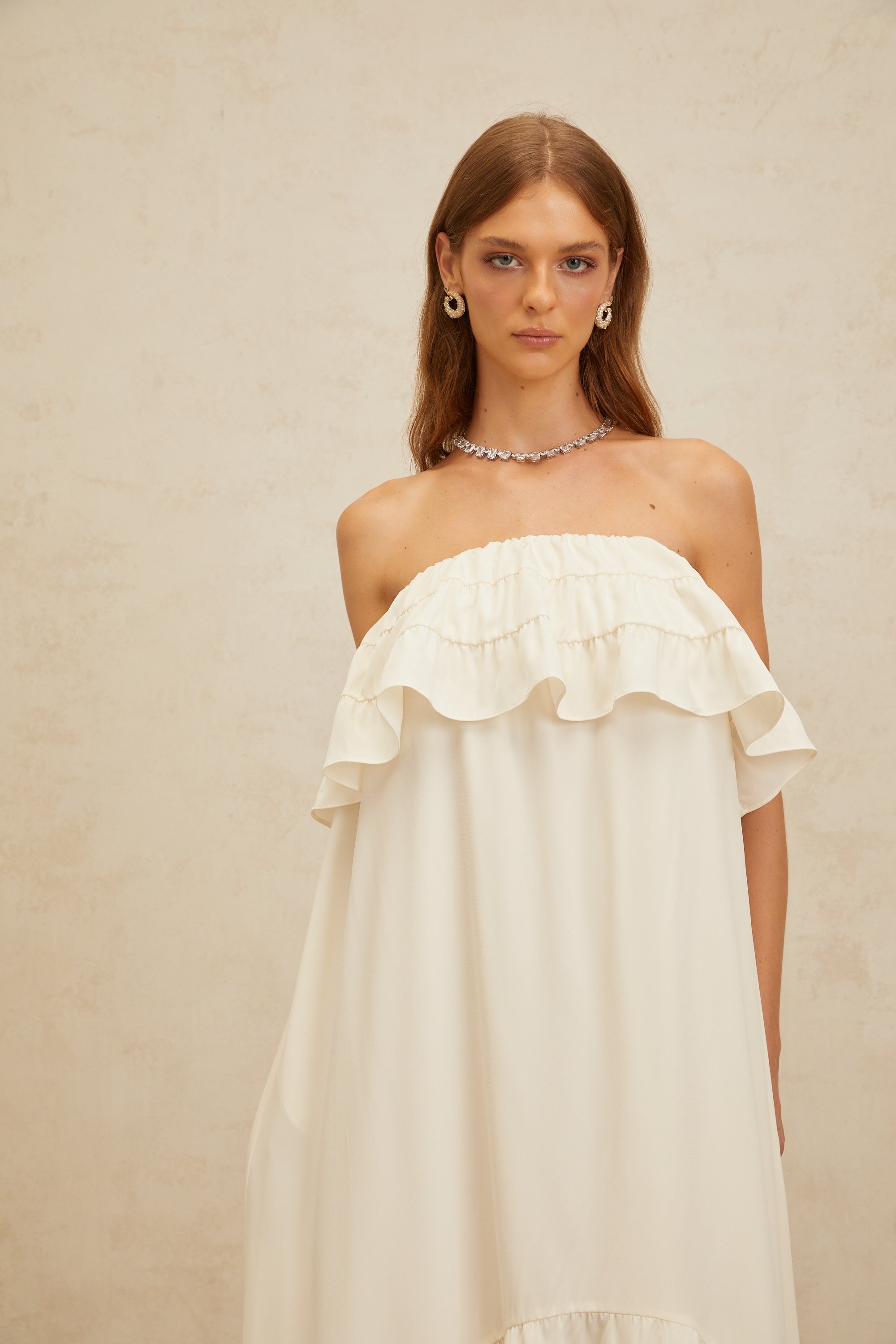 Bénédicte White Vibrant Off Shoulder Shirred Maxi Dress (Final Sale)