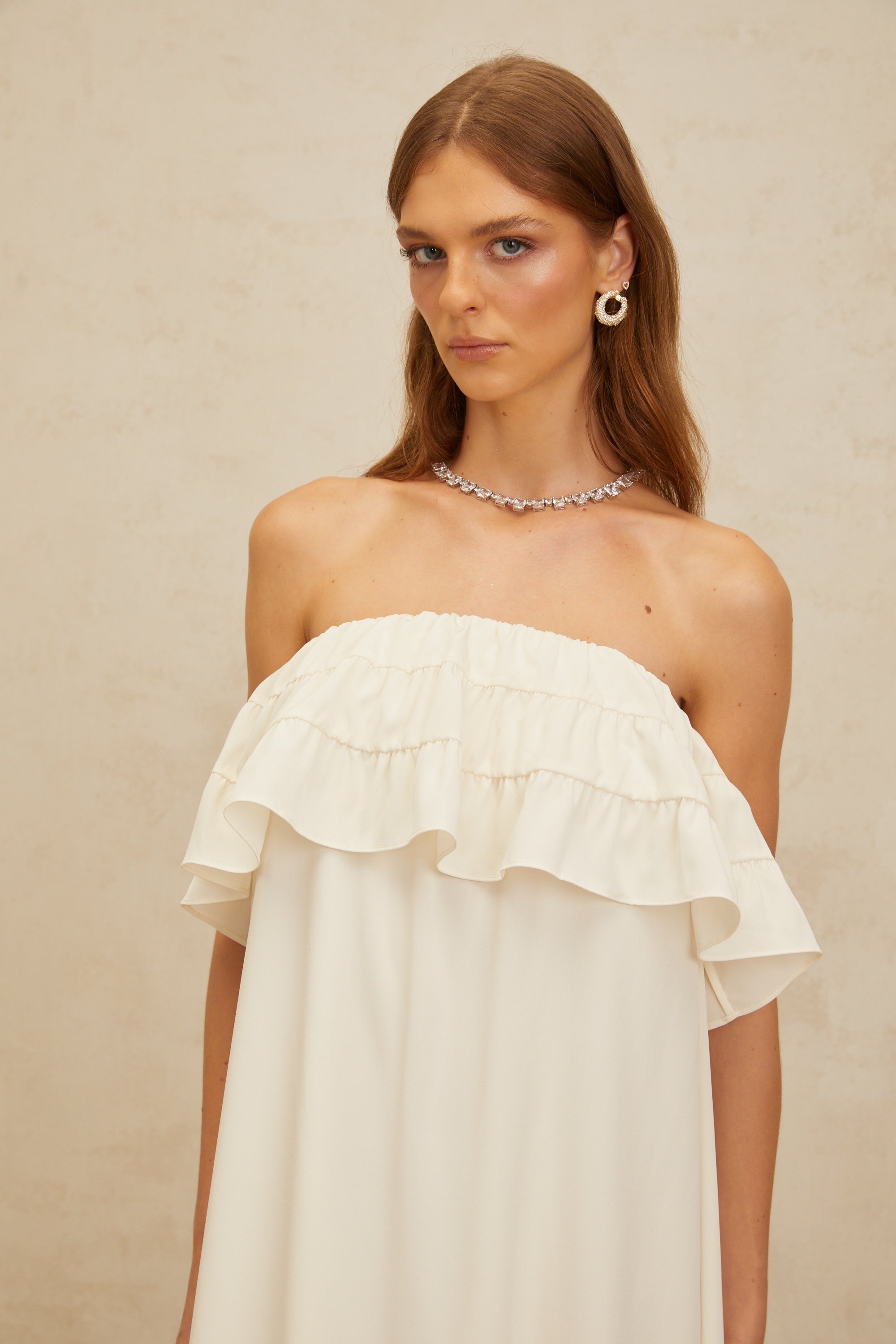 Bénédicte White Vibrant Off Shoulder Shirred Maxi Dress (Final Sale)
