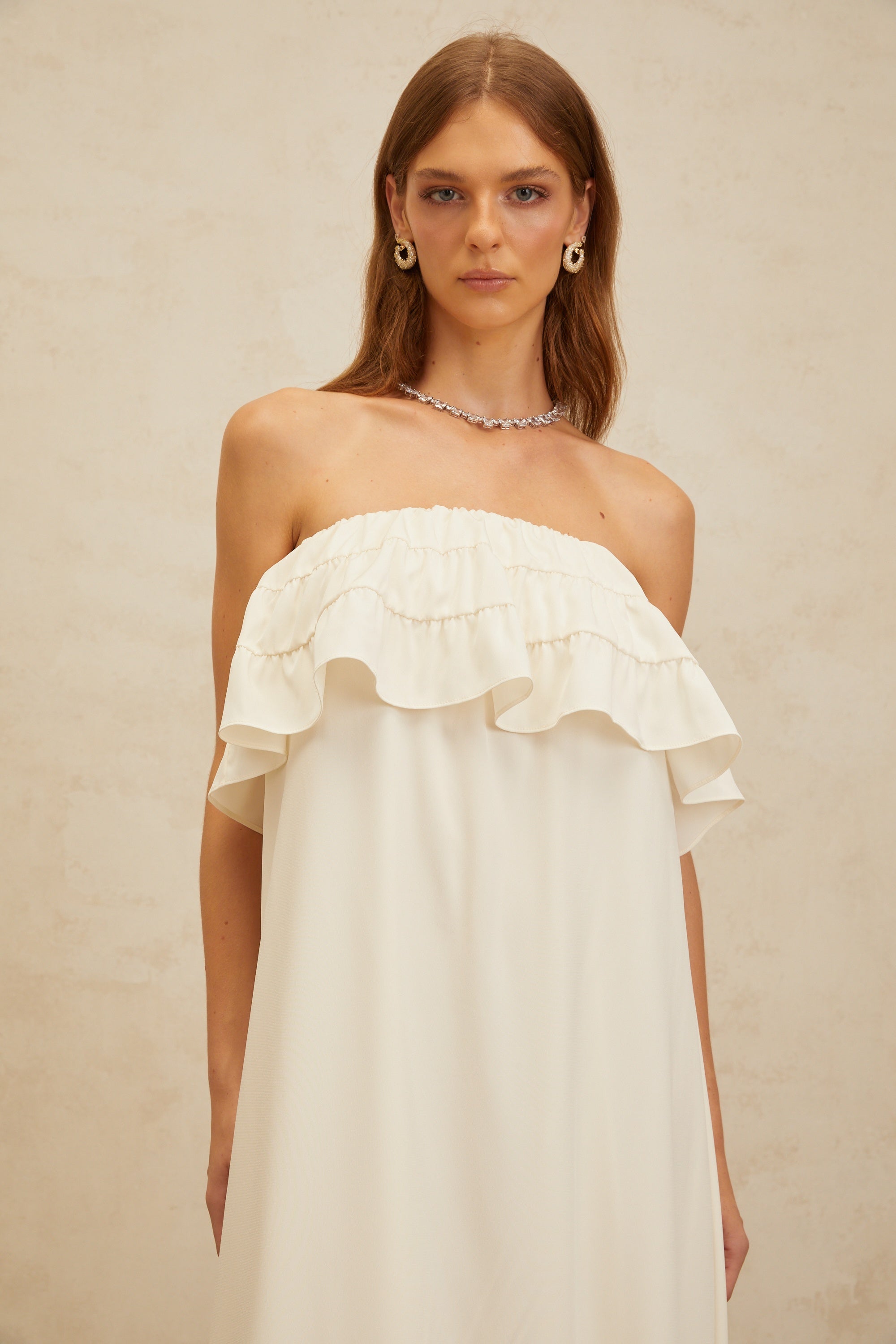 Bénédicte White Vibrant Off Shoulder Shirred Maxi Dress (Final Sale)