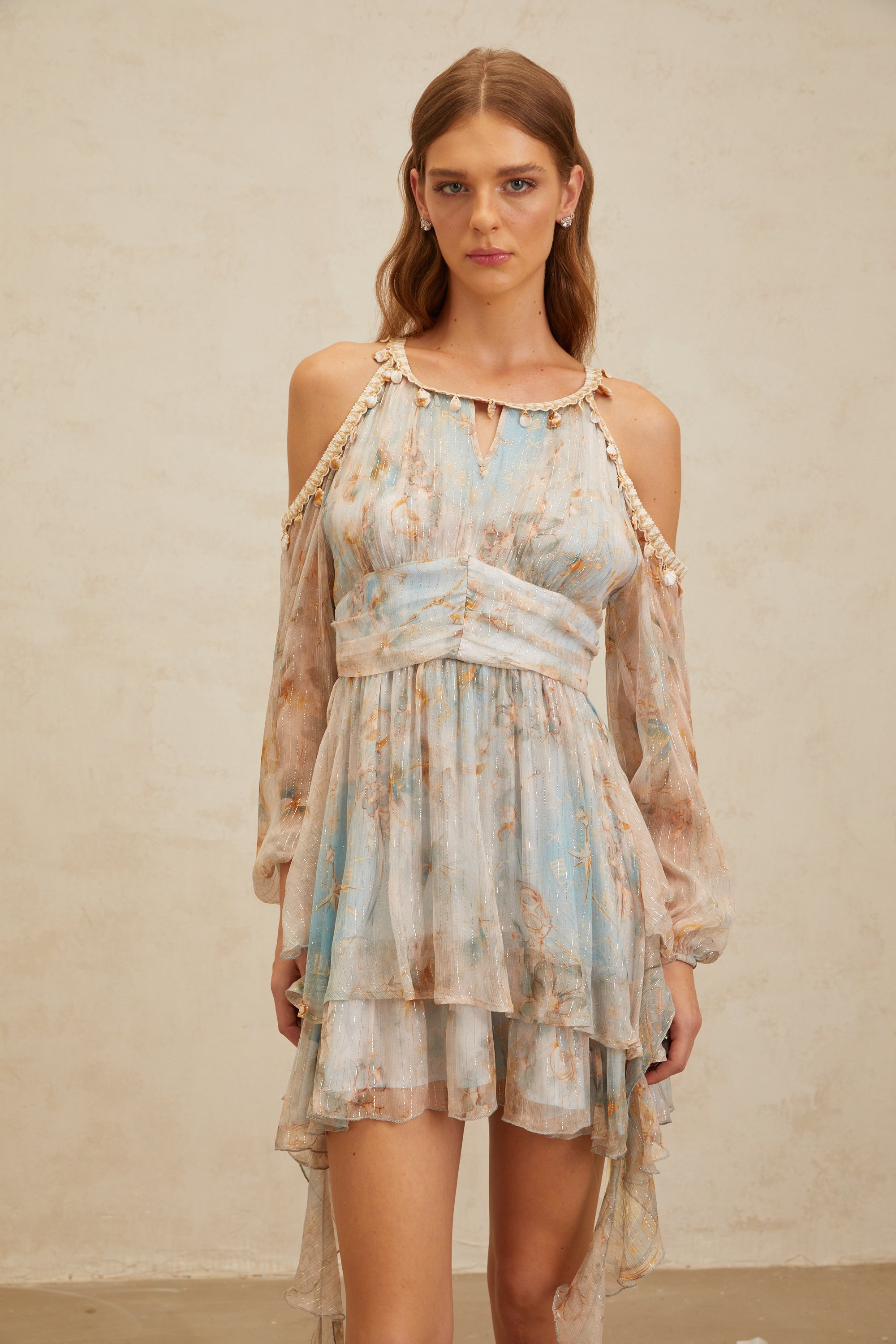 Glannon, blaues Minikleid aus Seide mit Blumenmuster