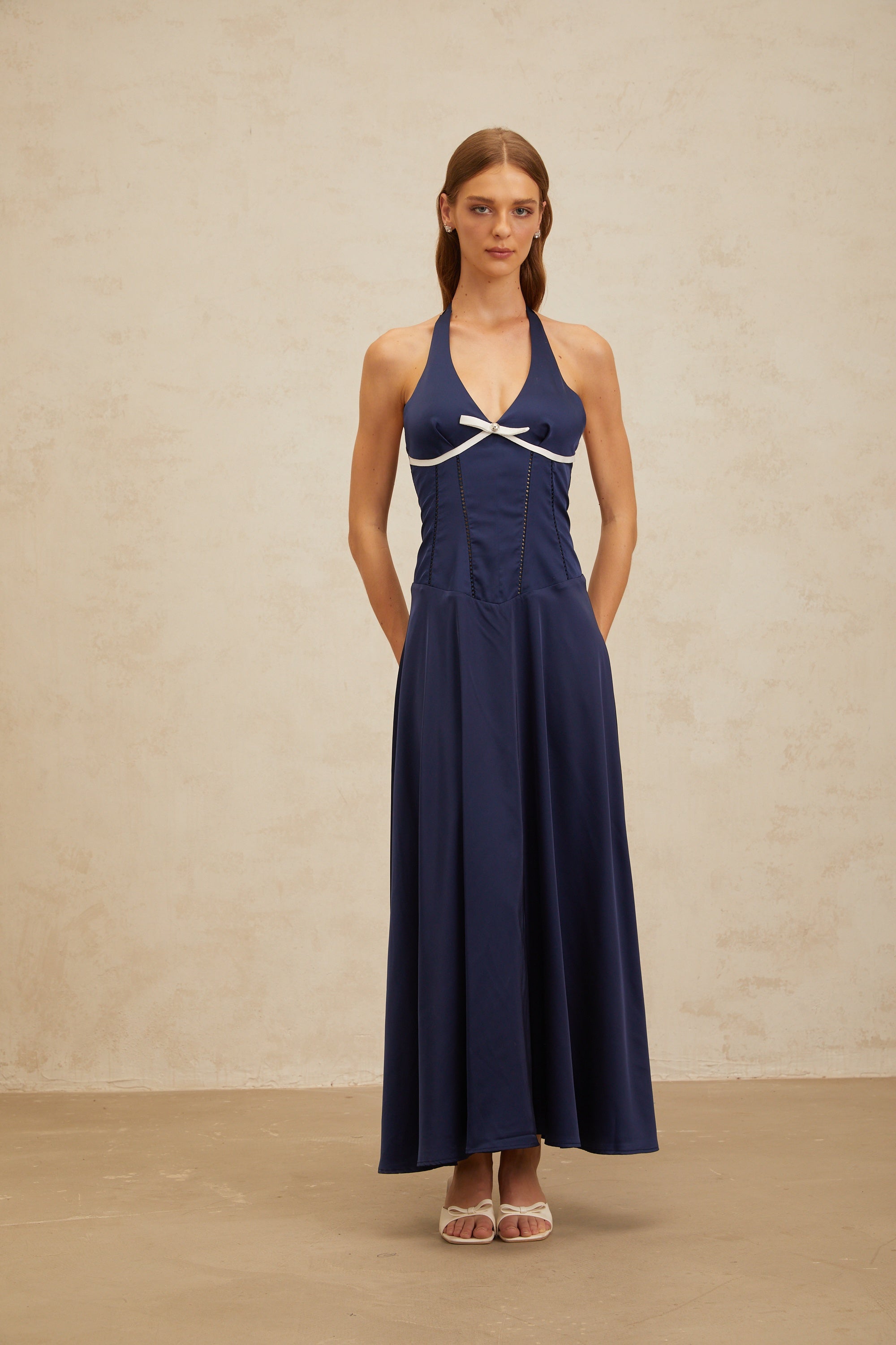Vérane Sapphire Bowknot Satin Maxi Dress