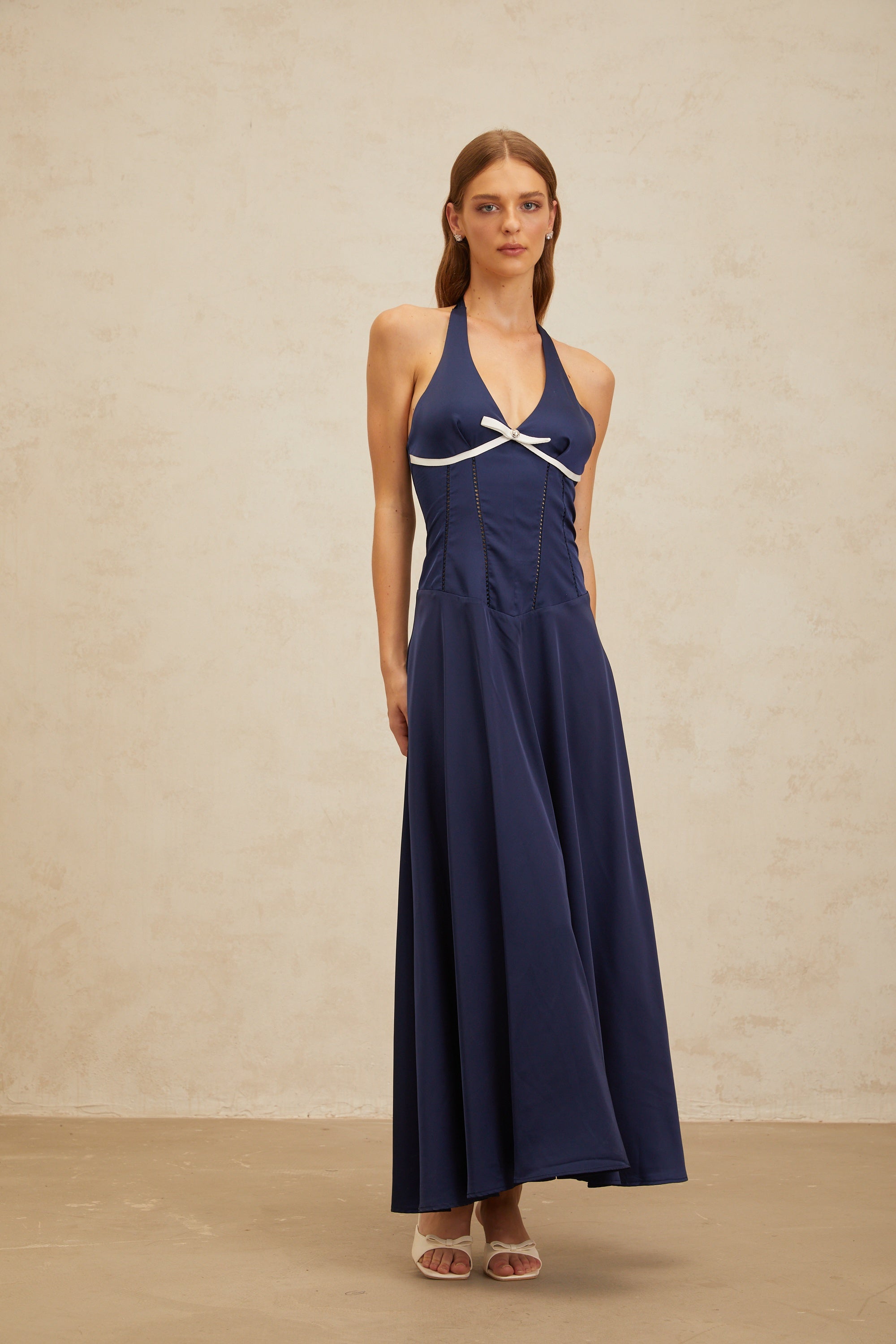Vérane Sapphire Bowknot Satin Maxi Dress