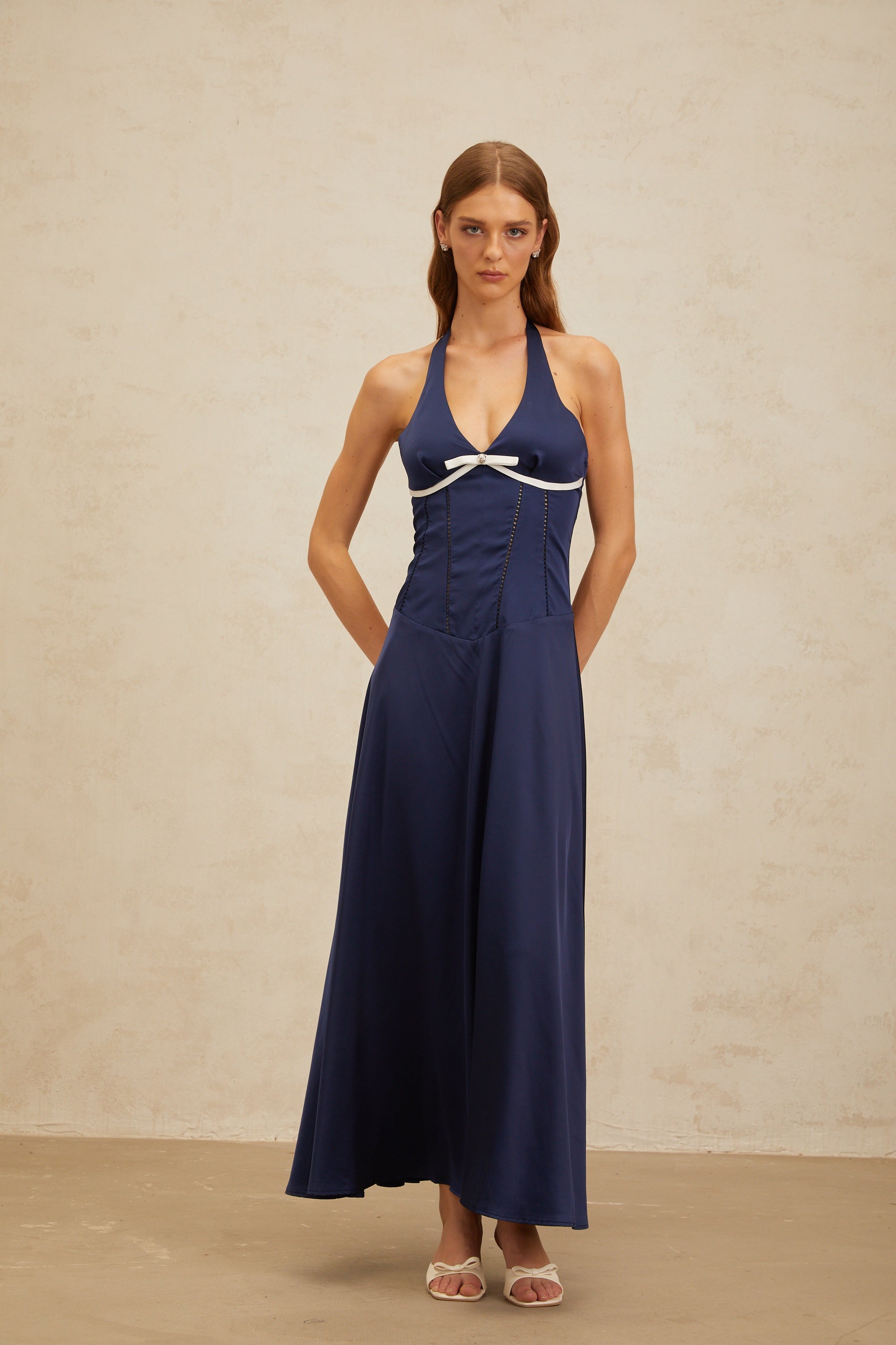 Vérane Sapphire Bowknot Satin Maxi Dress
