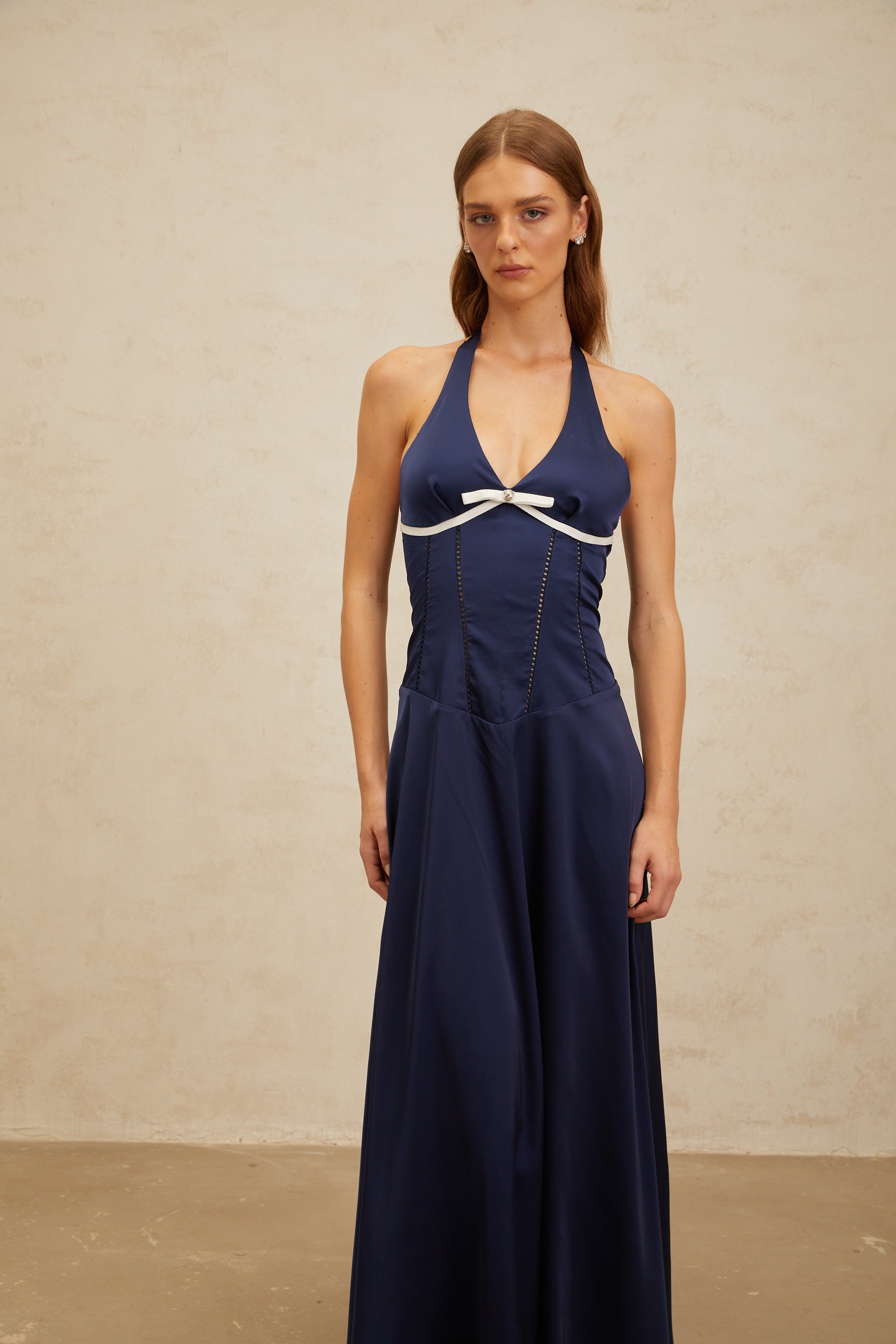 Vérane Sapphire Bowknot Satin Maxi Dress
