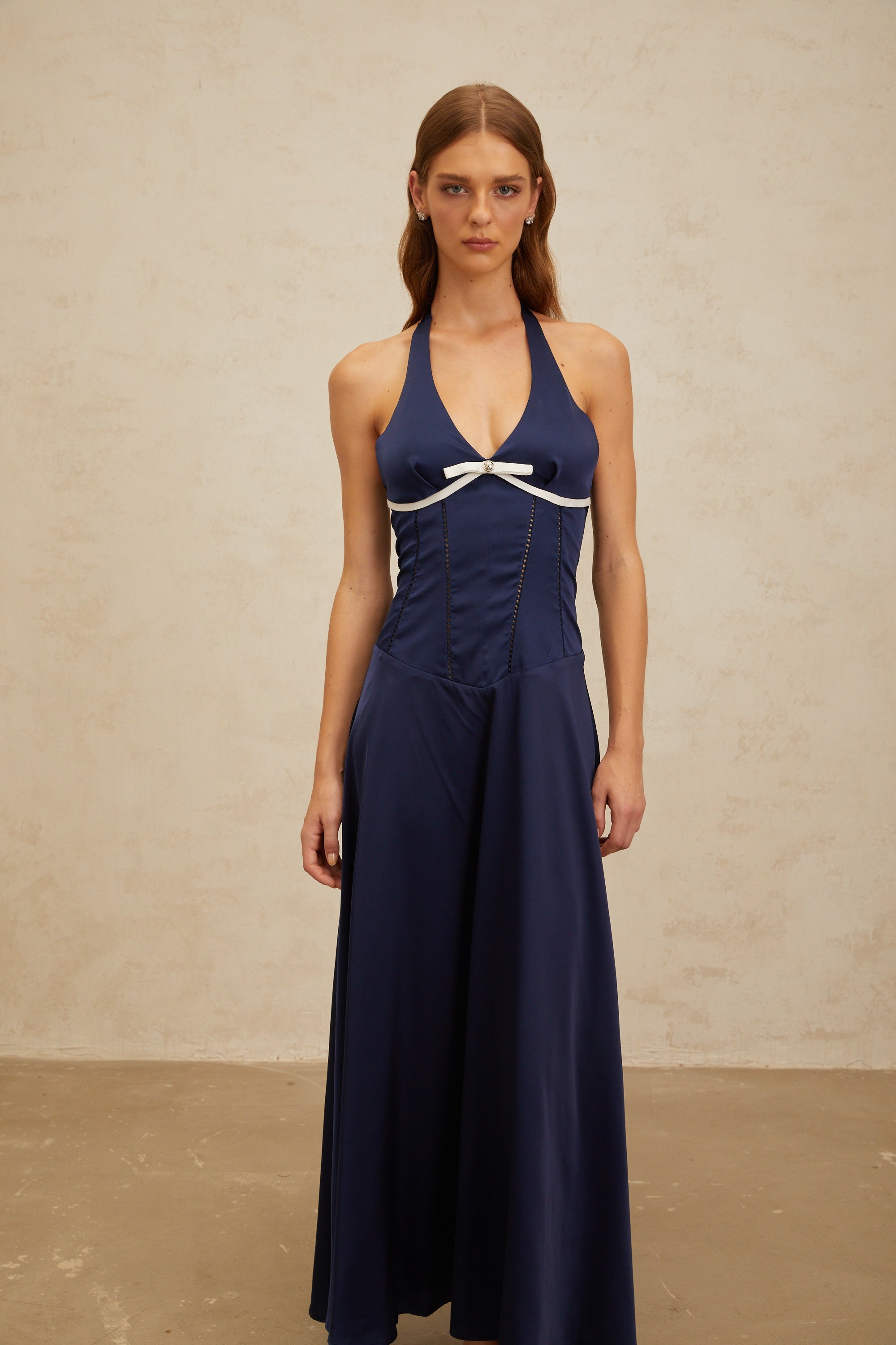 Vérane Sapphire Bowknot Satin Maxi Dress