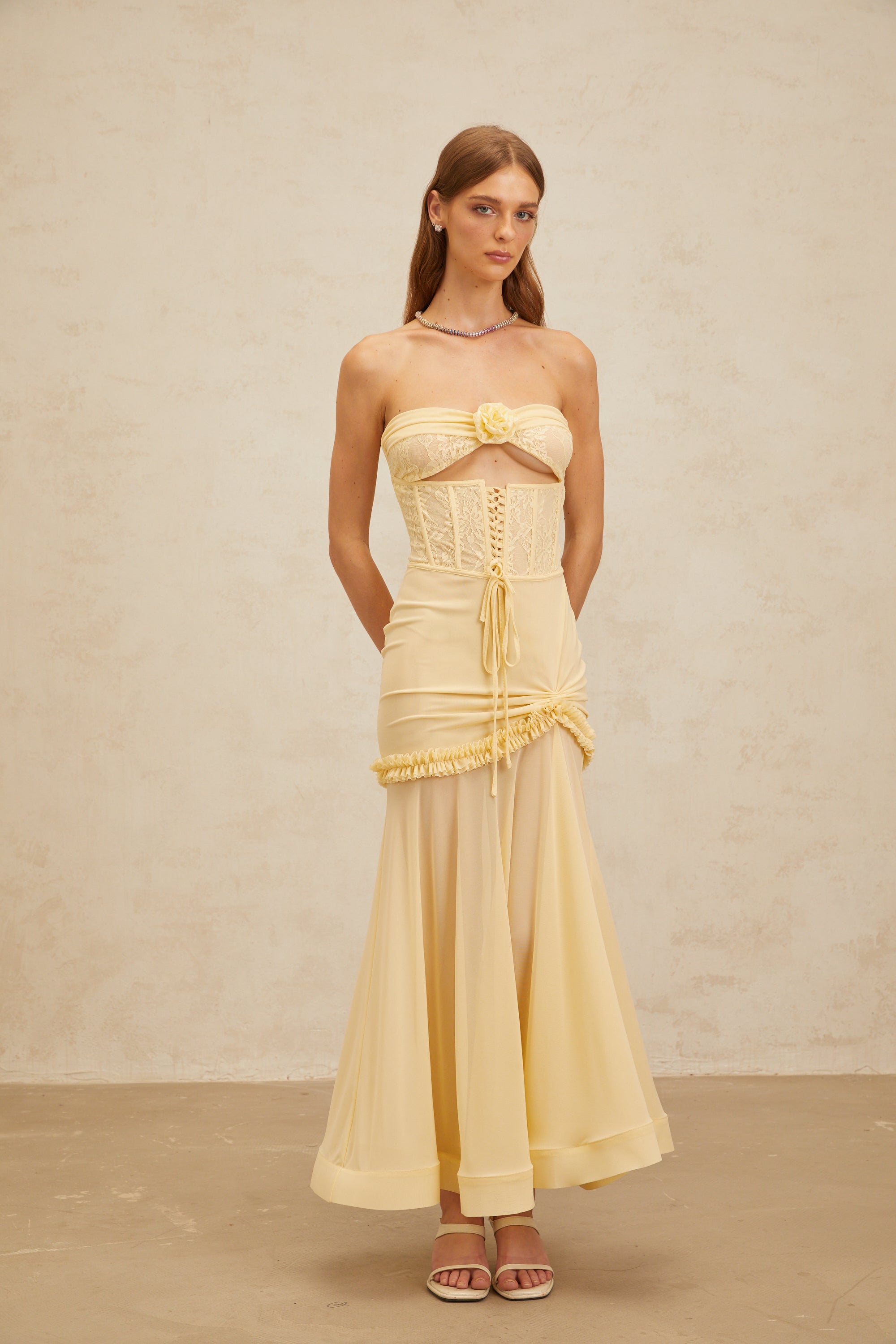 Estelle Yellow Lace Panel Corset Maxi Dress