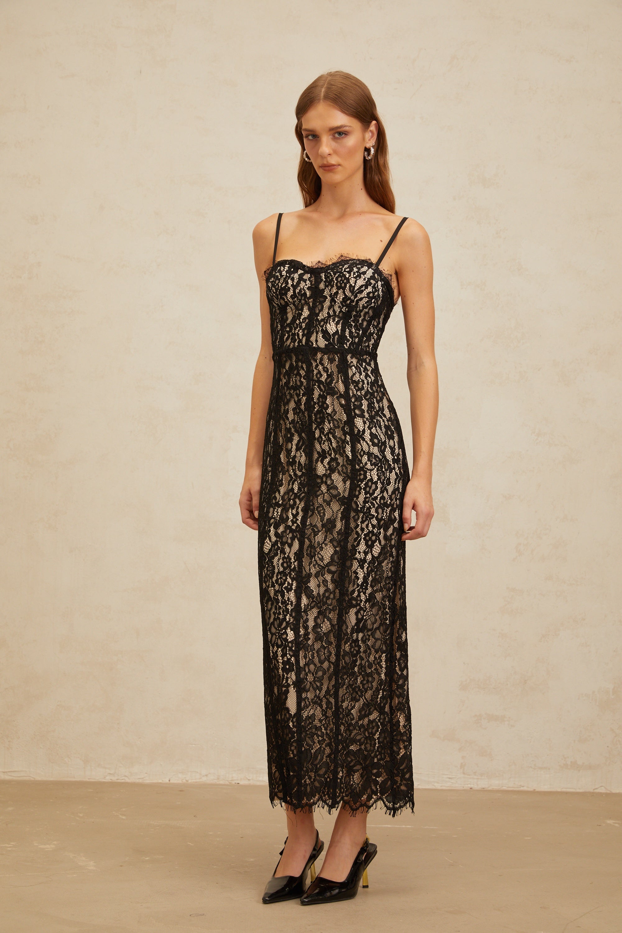 Giorgia Black Floral Lace Corset Maxi Dress