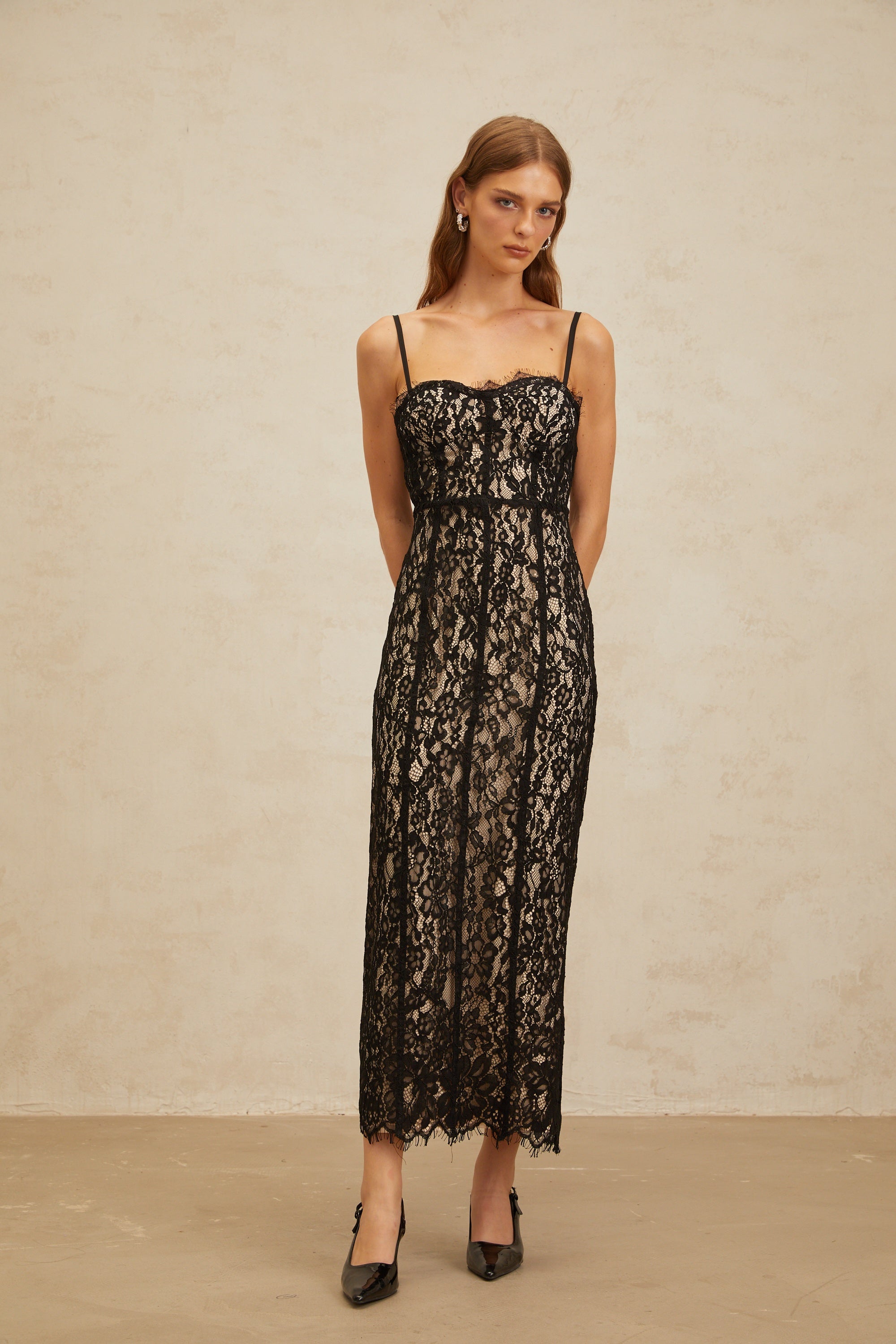 Giorgia Black Floral Lace Corset Maxi Dress
