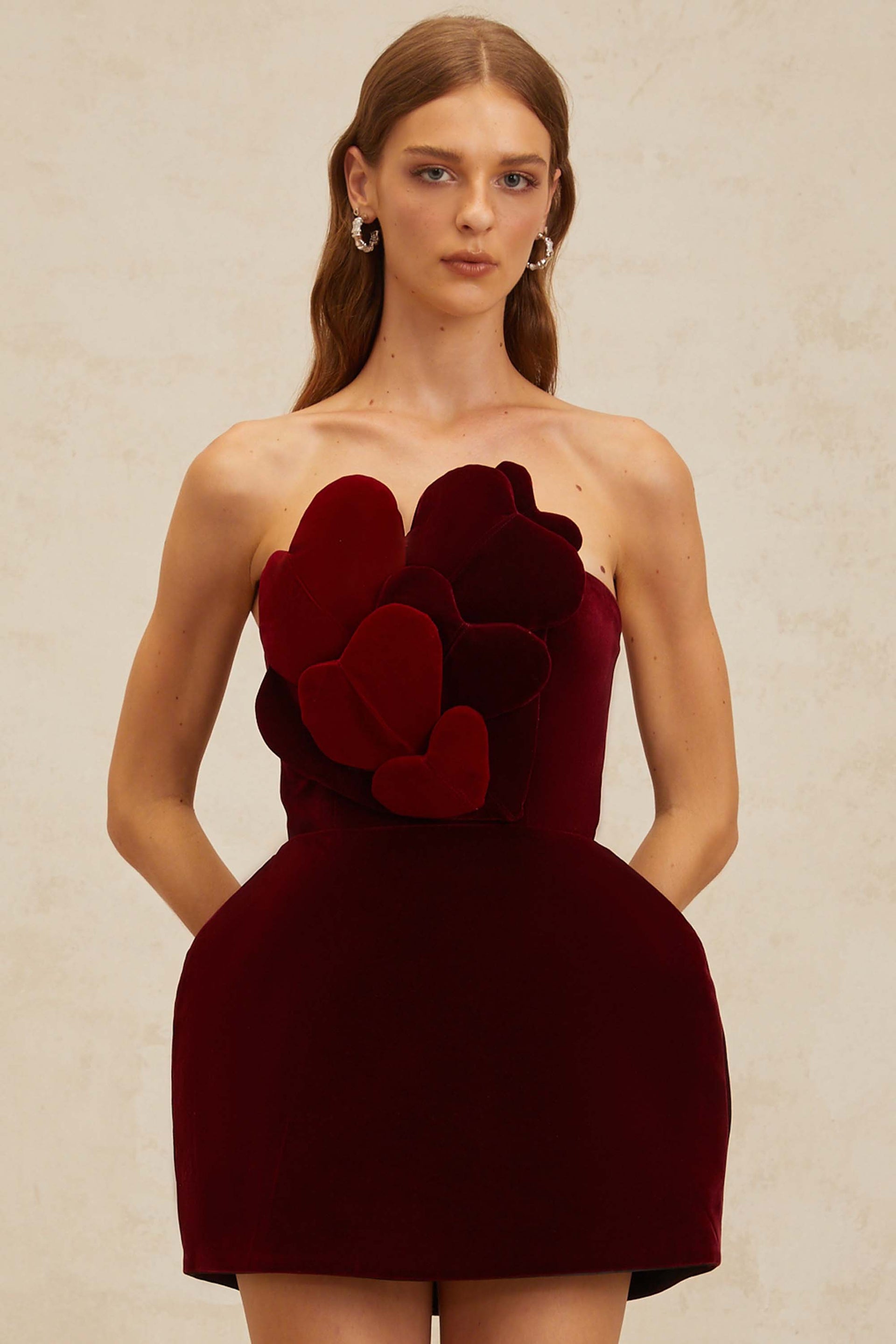 red heart mini dress Coralie Red Heart Appliqué Velvet Mini Dress, M / Red