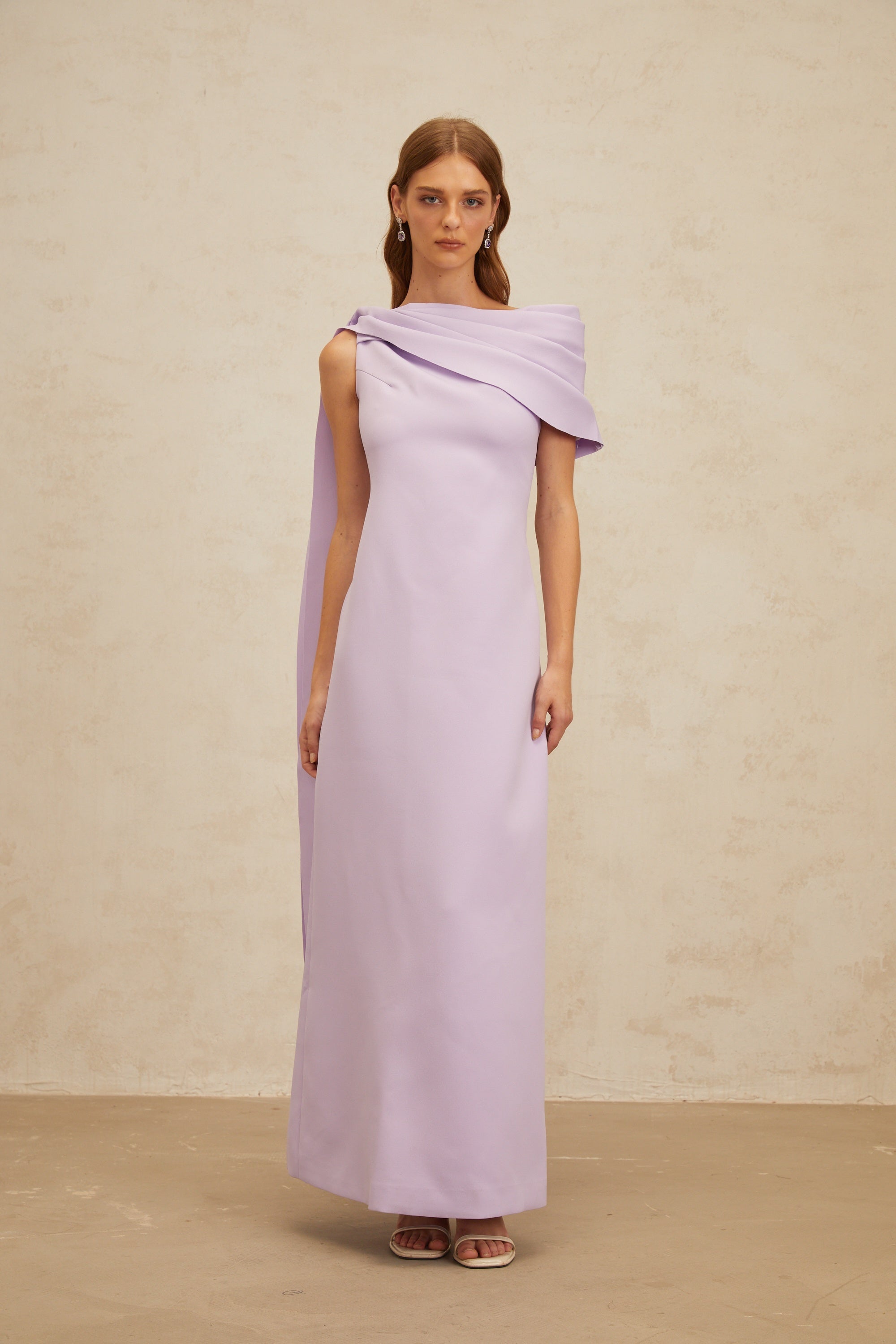 Annabelle Purple Cape-Design Ribbon Maxi Dress