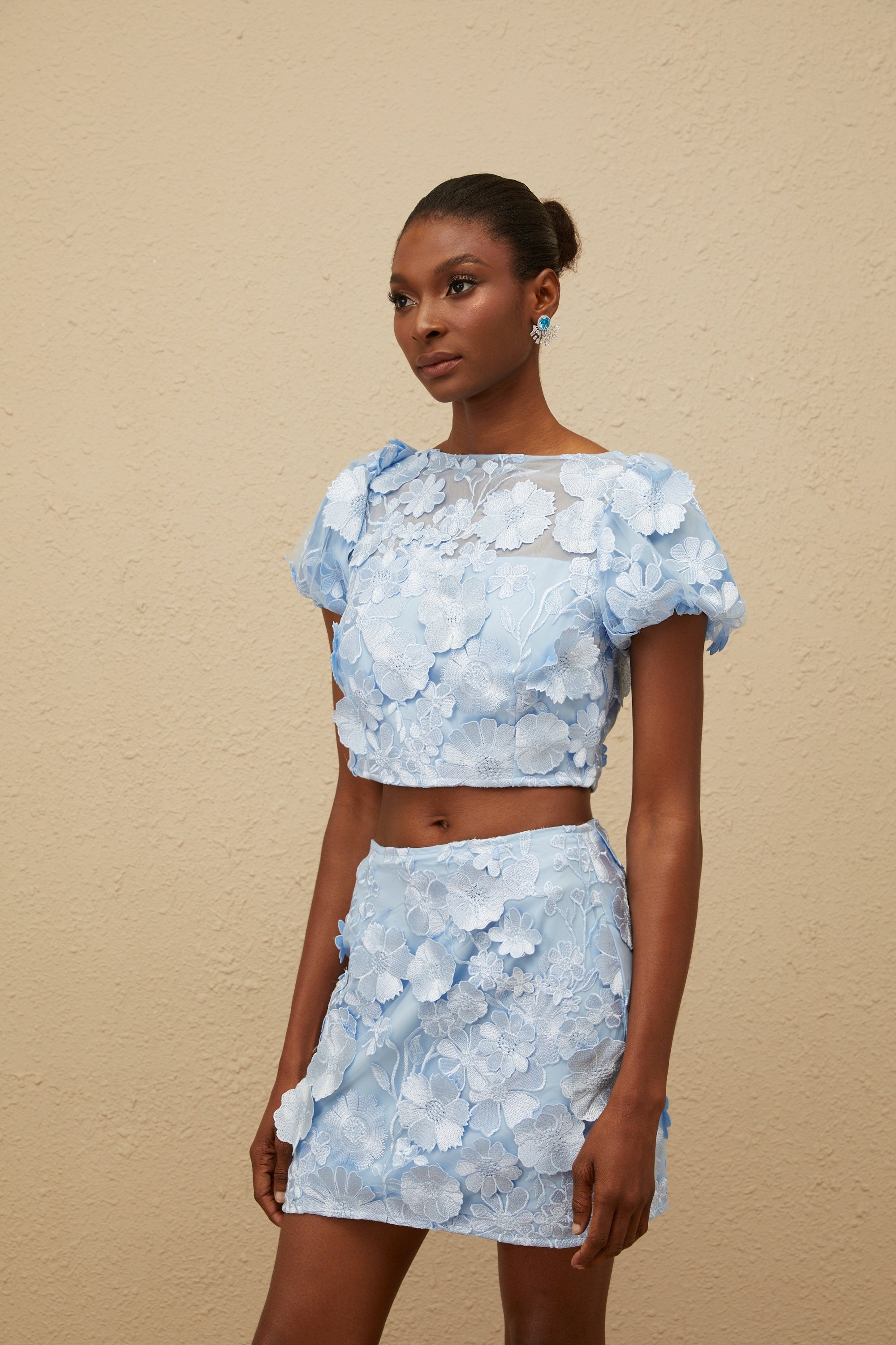 Caméo Blue Embroidered 3D Petal Co-ord Set