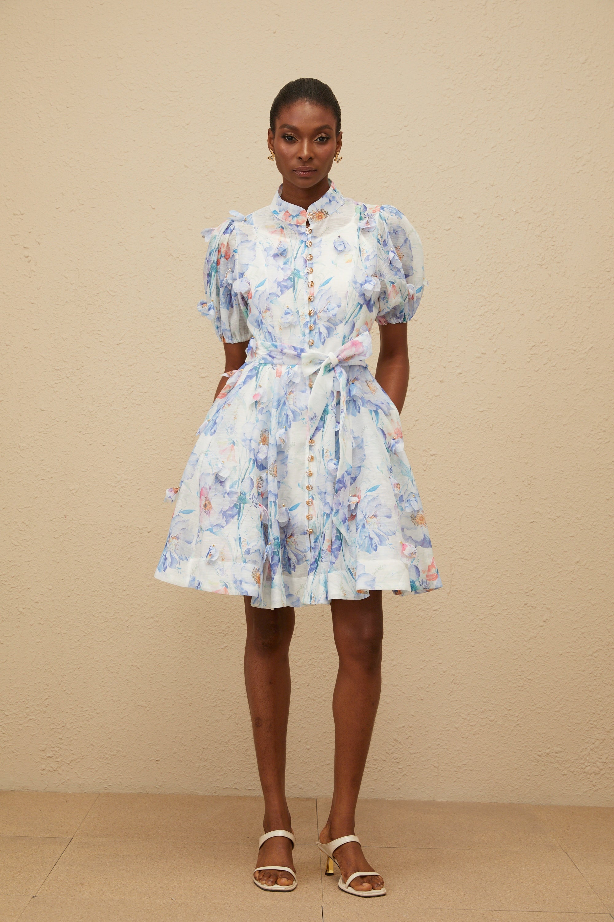 Pétunia Blue Shirred Floral Mini Dress