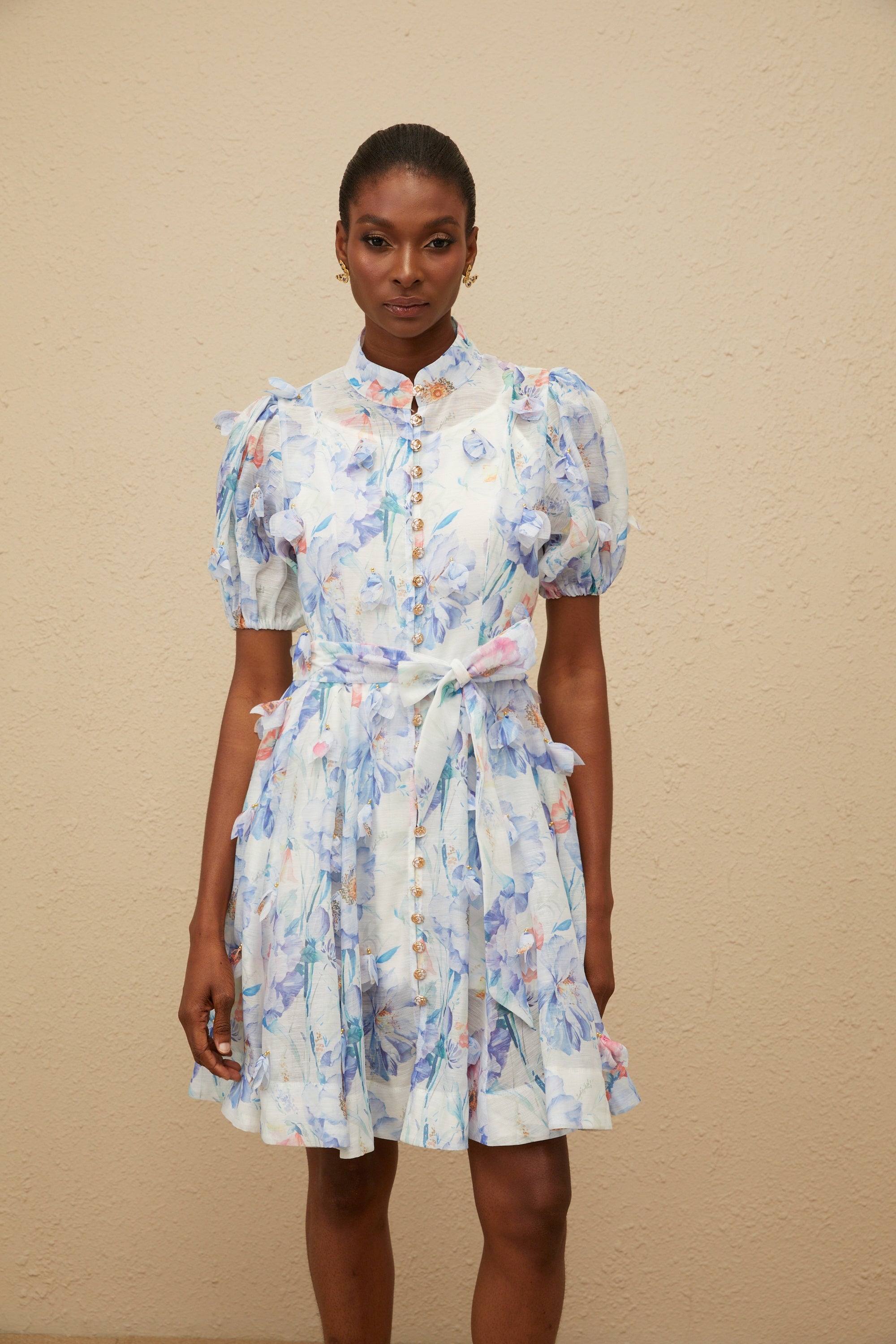 Pétunia Blue Shirred Floral Mini Dress