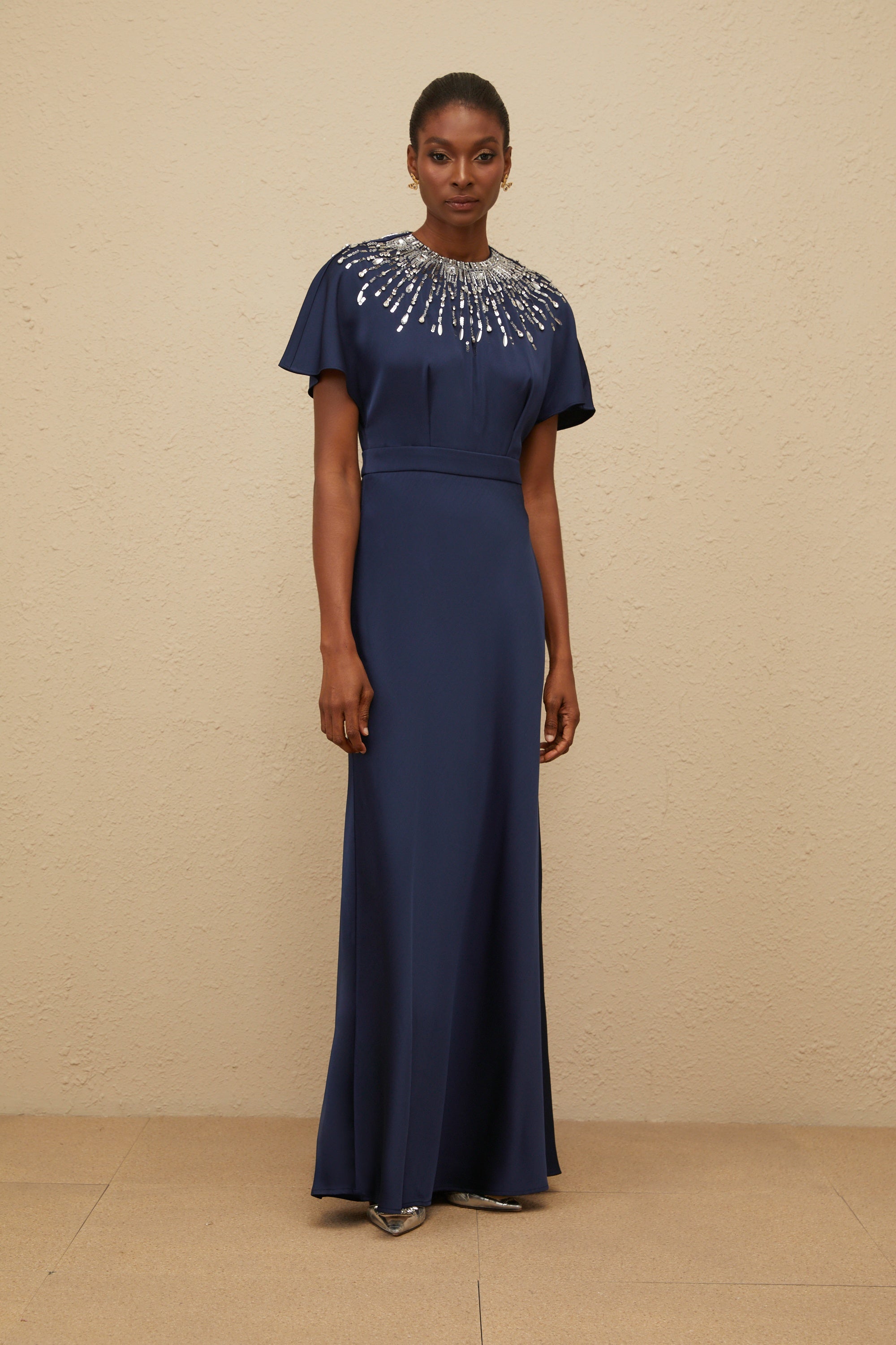 Ombrage Blue Embellished Satin Maxi Dress