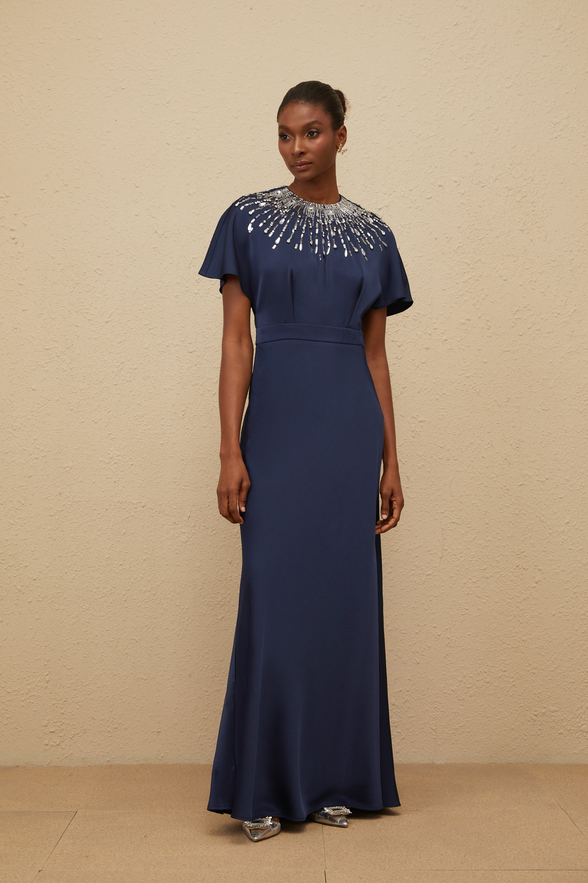 Ombrage Blue Embellished Satin Maxi Dress