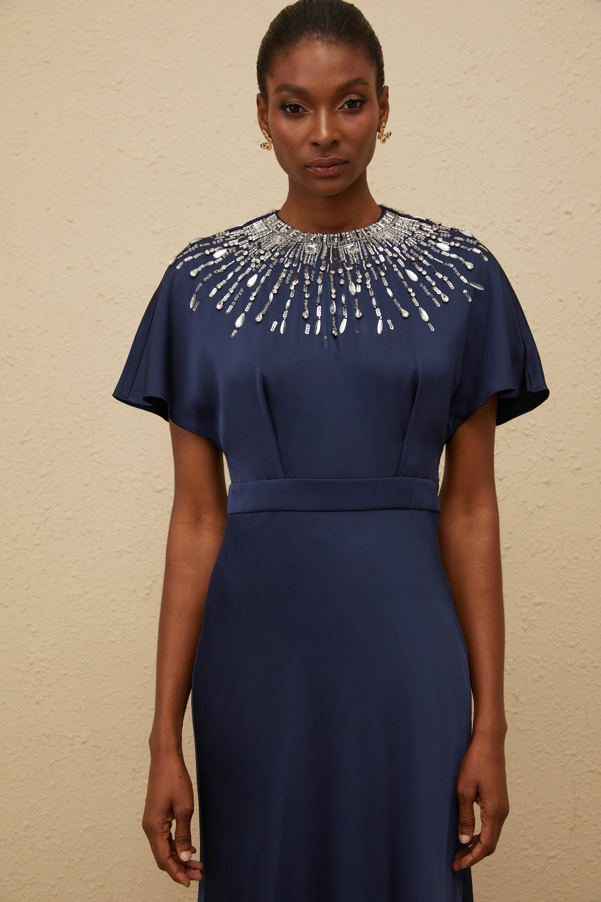 Ombrage Blue Embellished Satin Maxi Dress