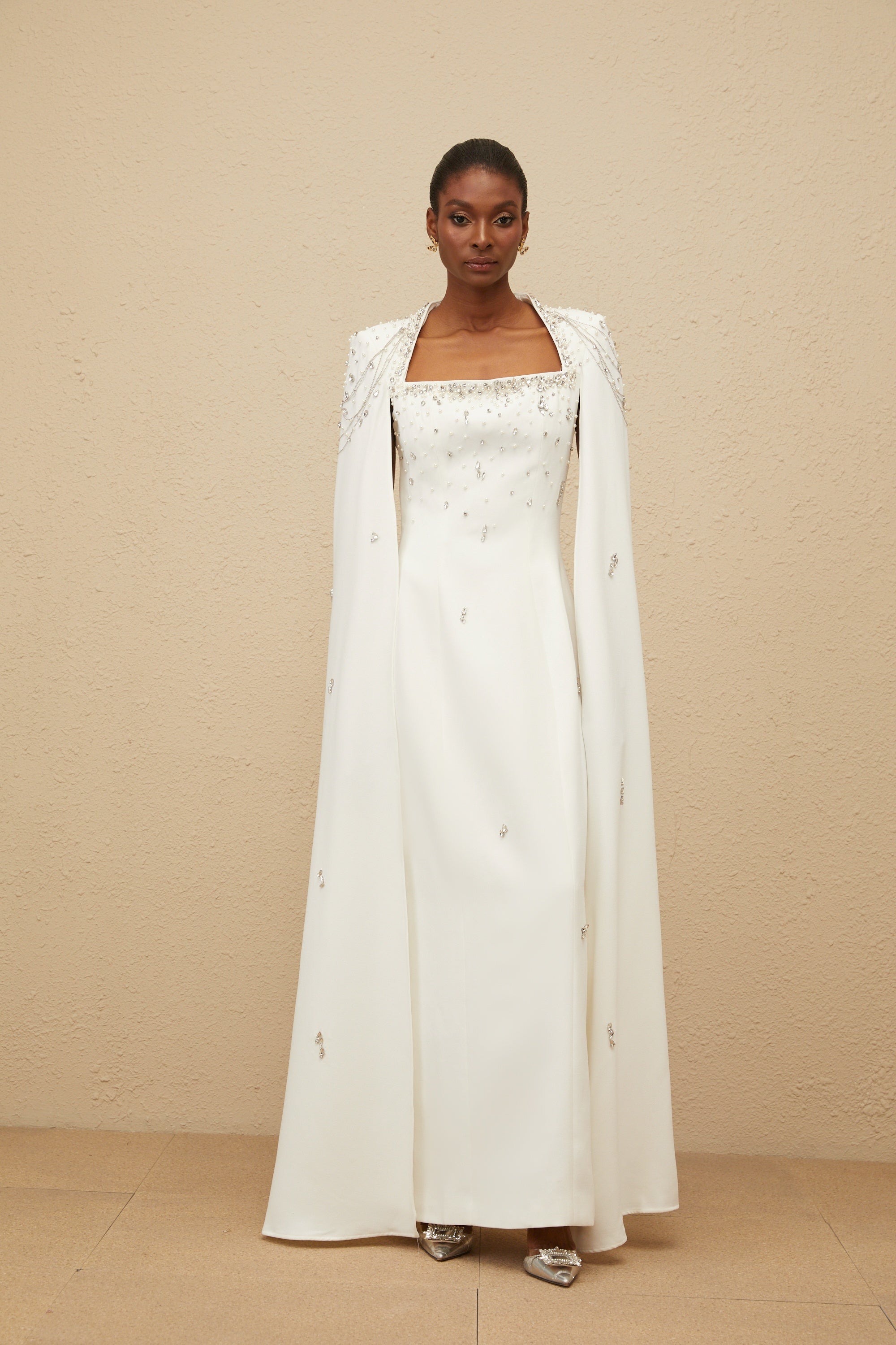 Épuré White Embellished Cape Gown
