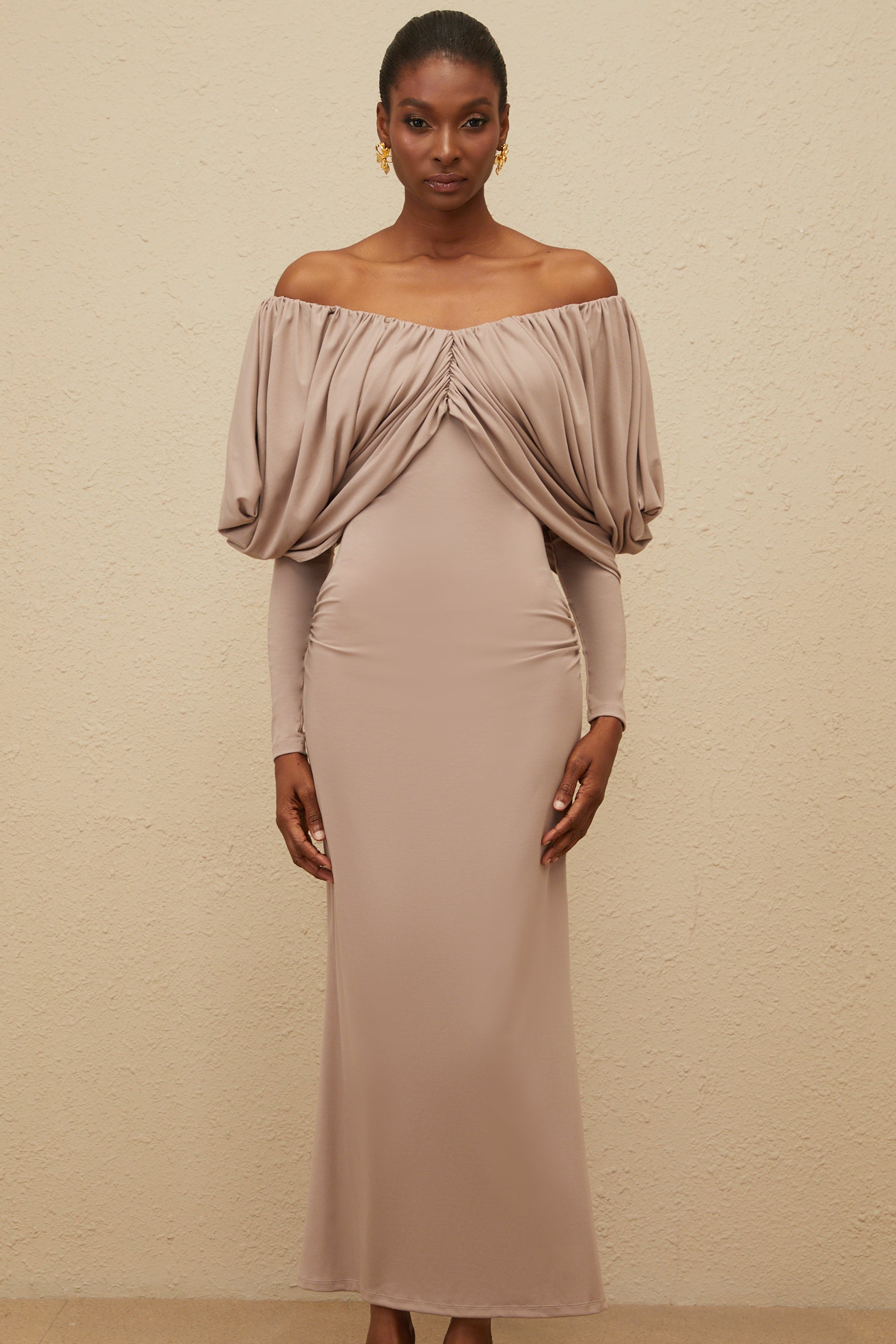 Roxane Grey Ruched Shift Midi Dress