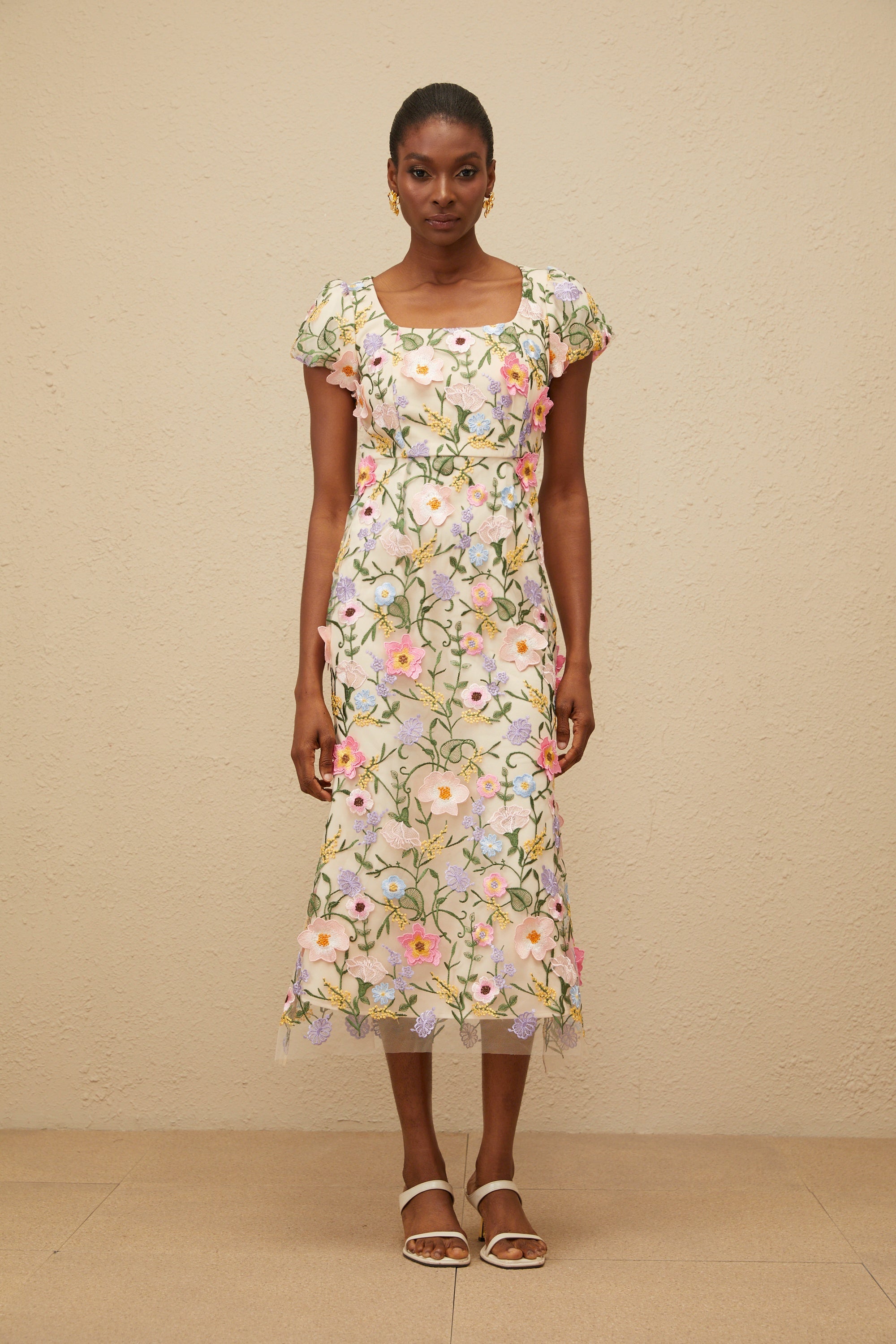 Enjouée Neutral Floral Embroidered Midi Dress