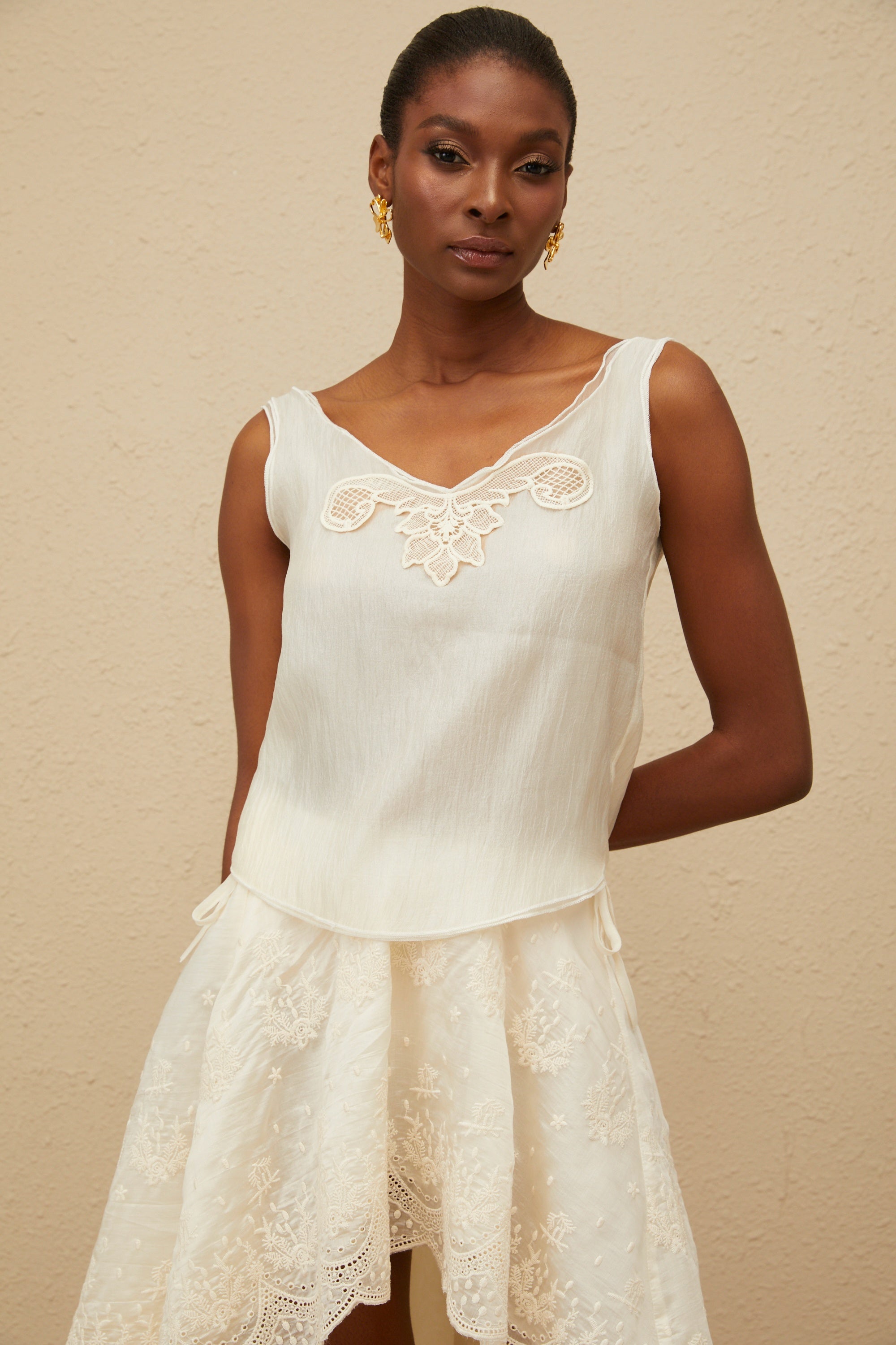 Éthérée Neutral Lace Trim Top & Skirt Set (Final Sale-US Only)