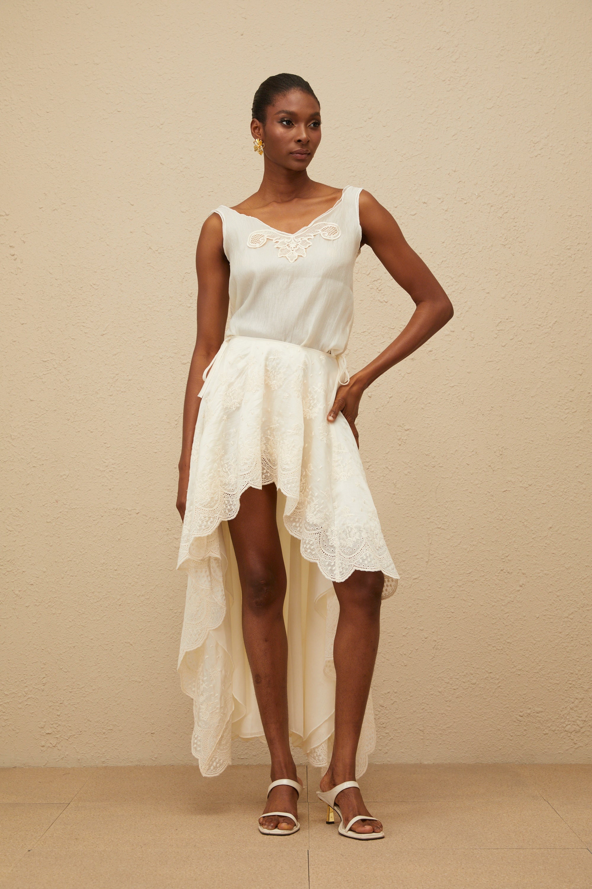 Éthérée Neutral Lace Trim Top & Skirt Set (Final Sale-US Only)