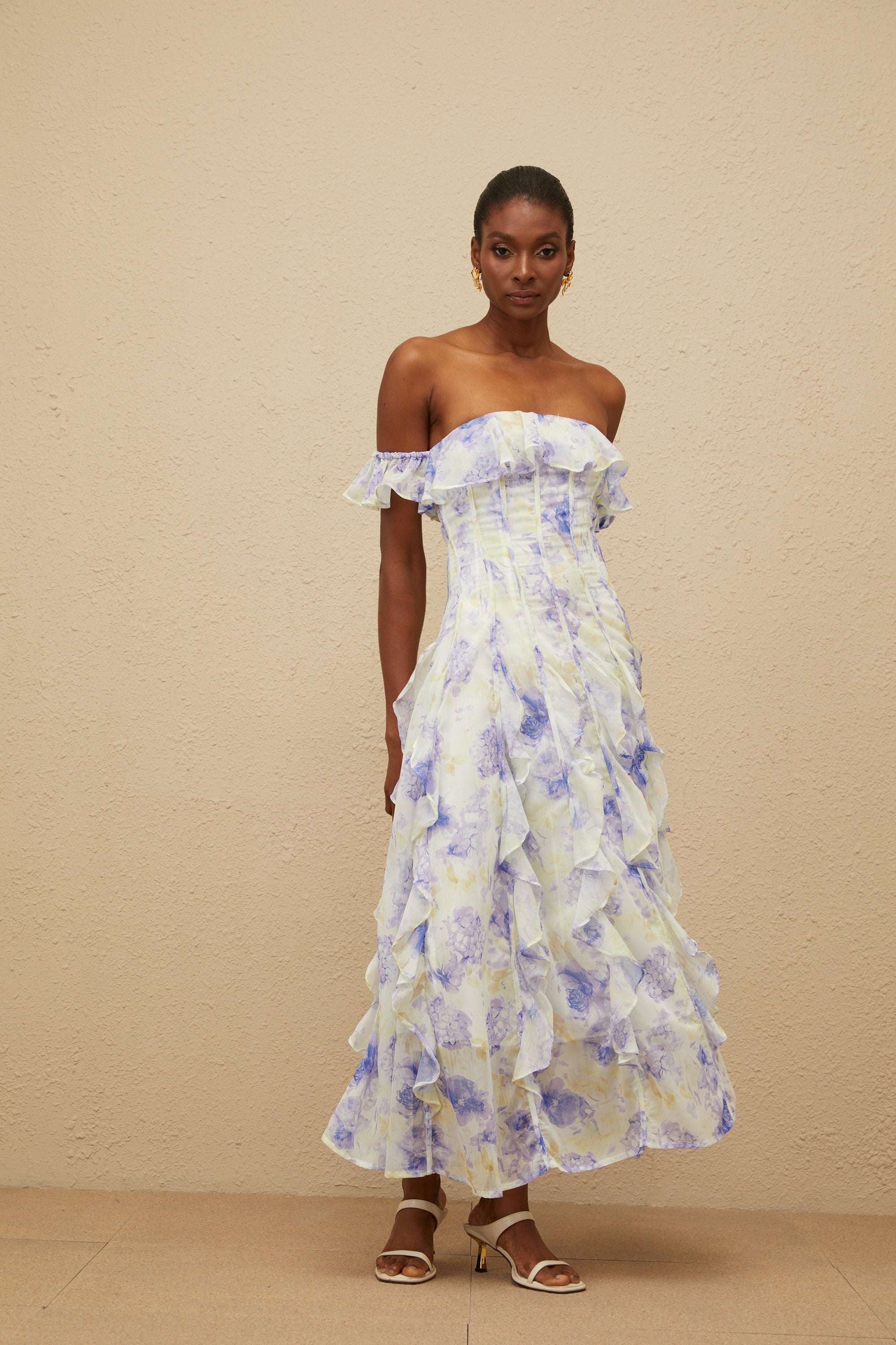 Fleur Blue Ruffled Floral Print Maxi Dress