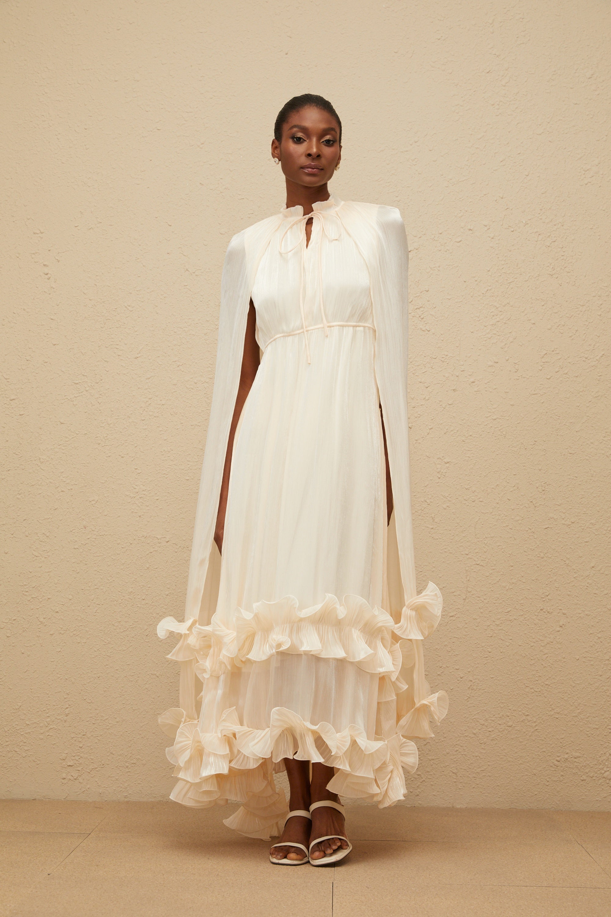 Intemporelle Neutral Cape Pleated Midi Dress