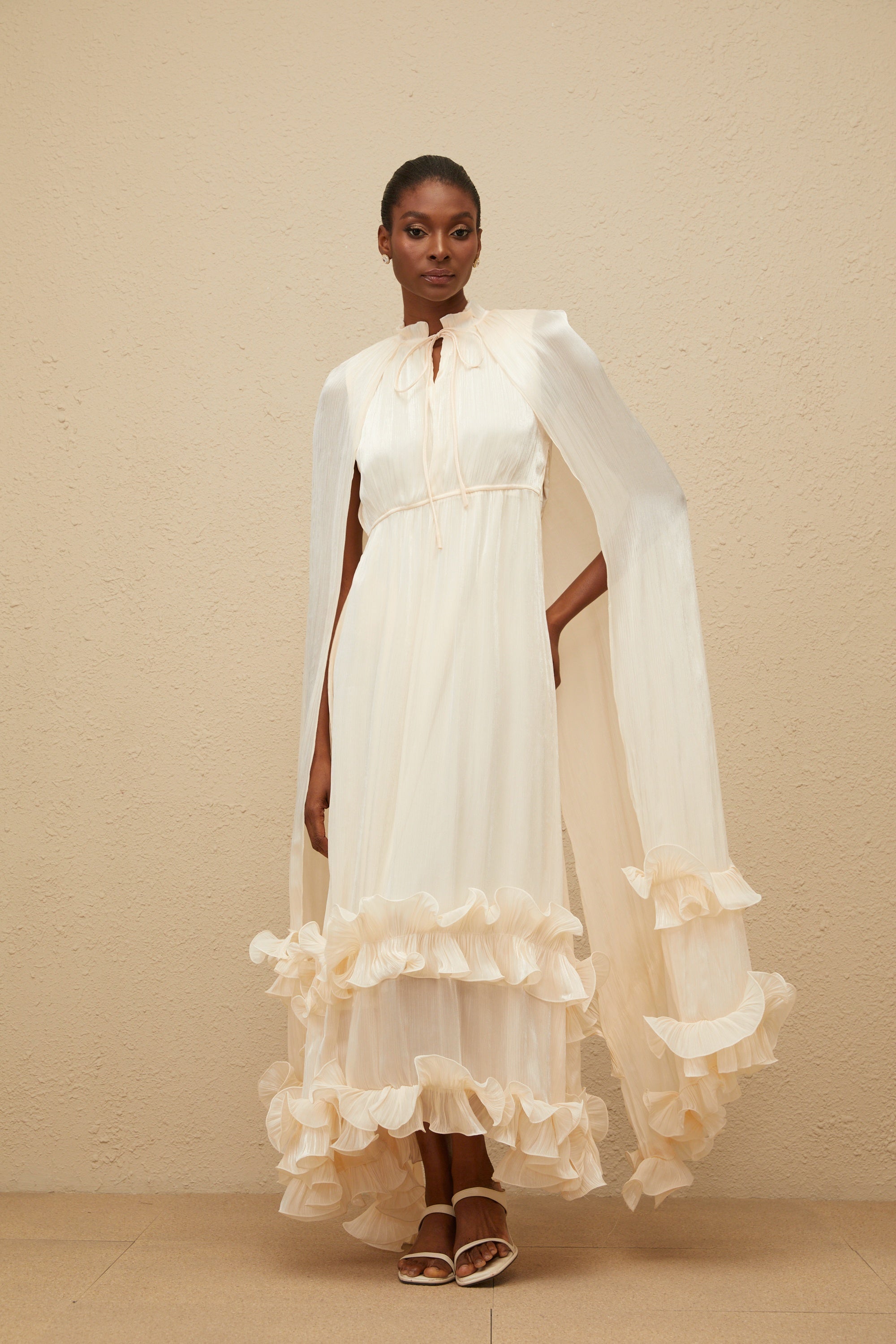 Intemporelle Neutral Cape Pleated Midi Dress