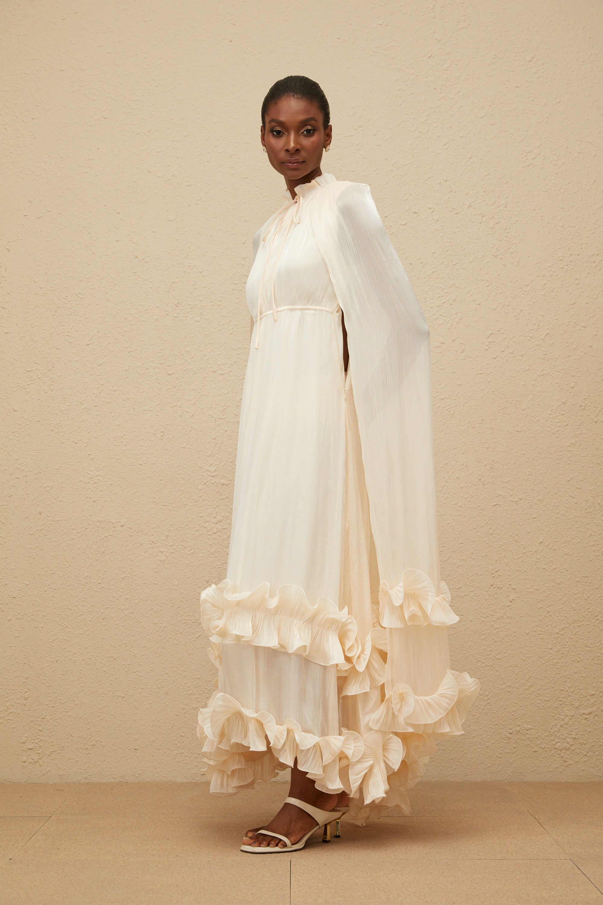 Intemporelle Neutral Cape Pleated Midi Dress