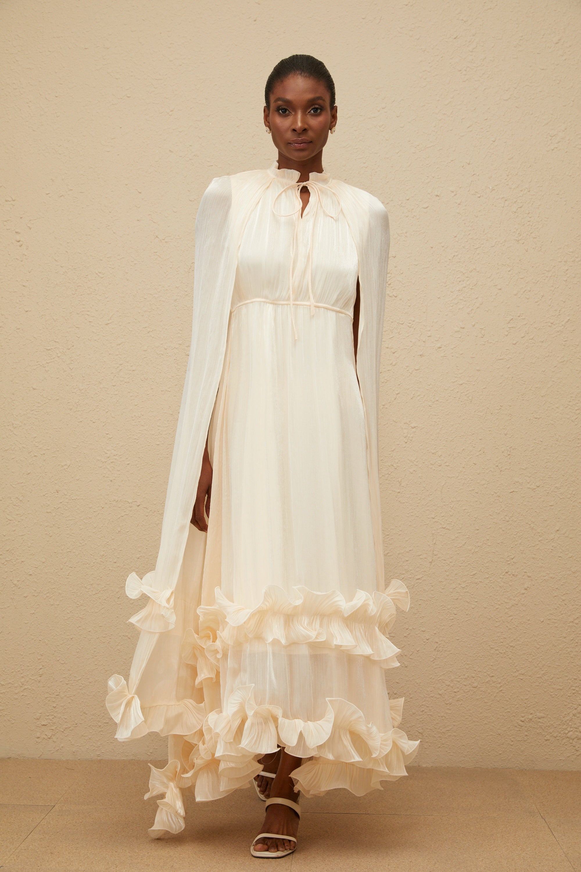 Intemporelle Neutral Cape Pleated Midi Dress