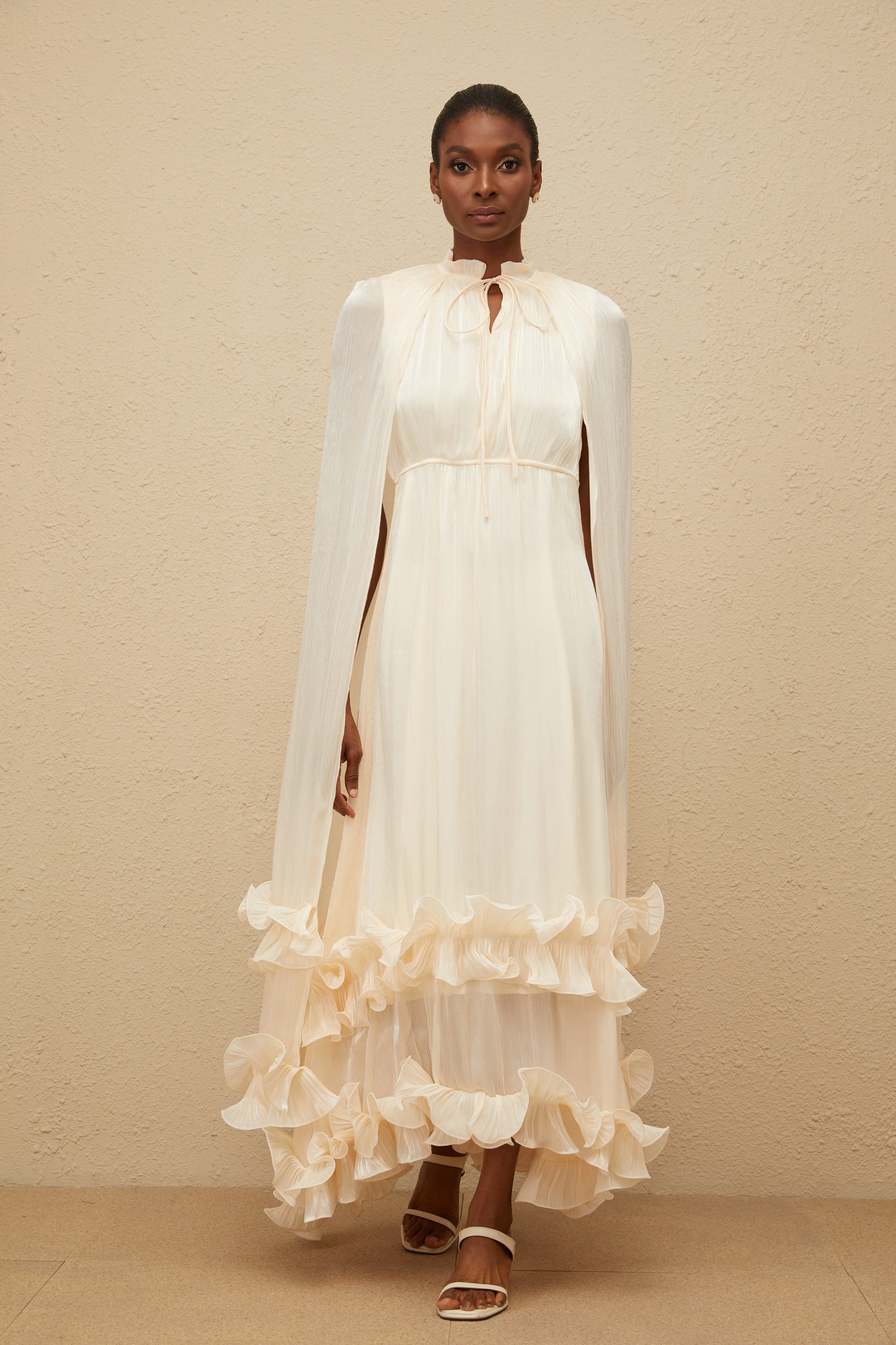 Intemporelle Neutral Cape Pleated Midi Dress