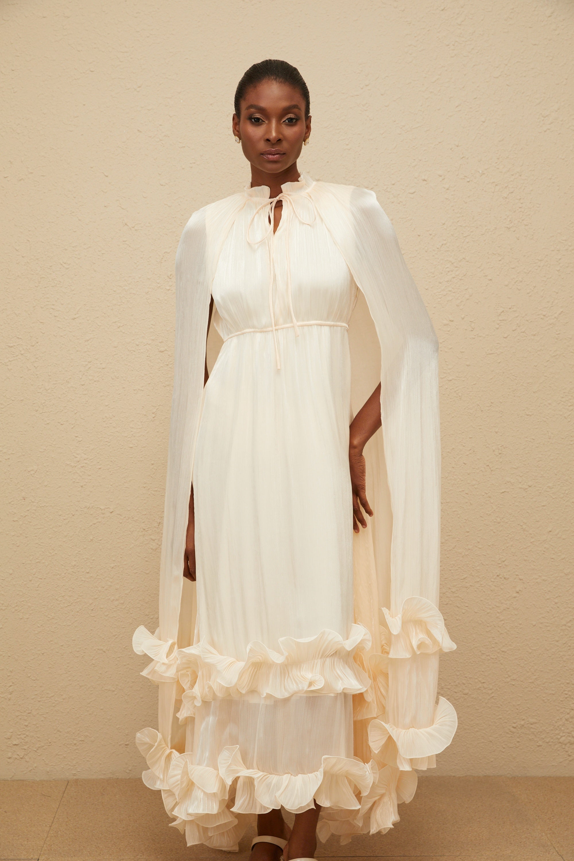 Intemporelle Neutral Cape Pleated Midi Dress