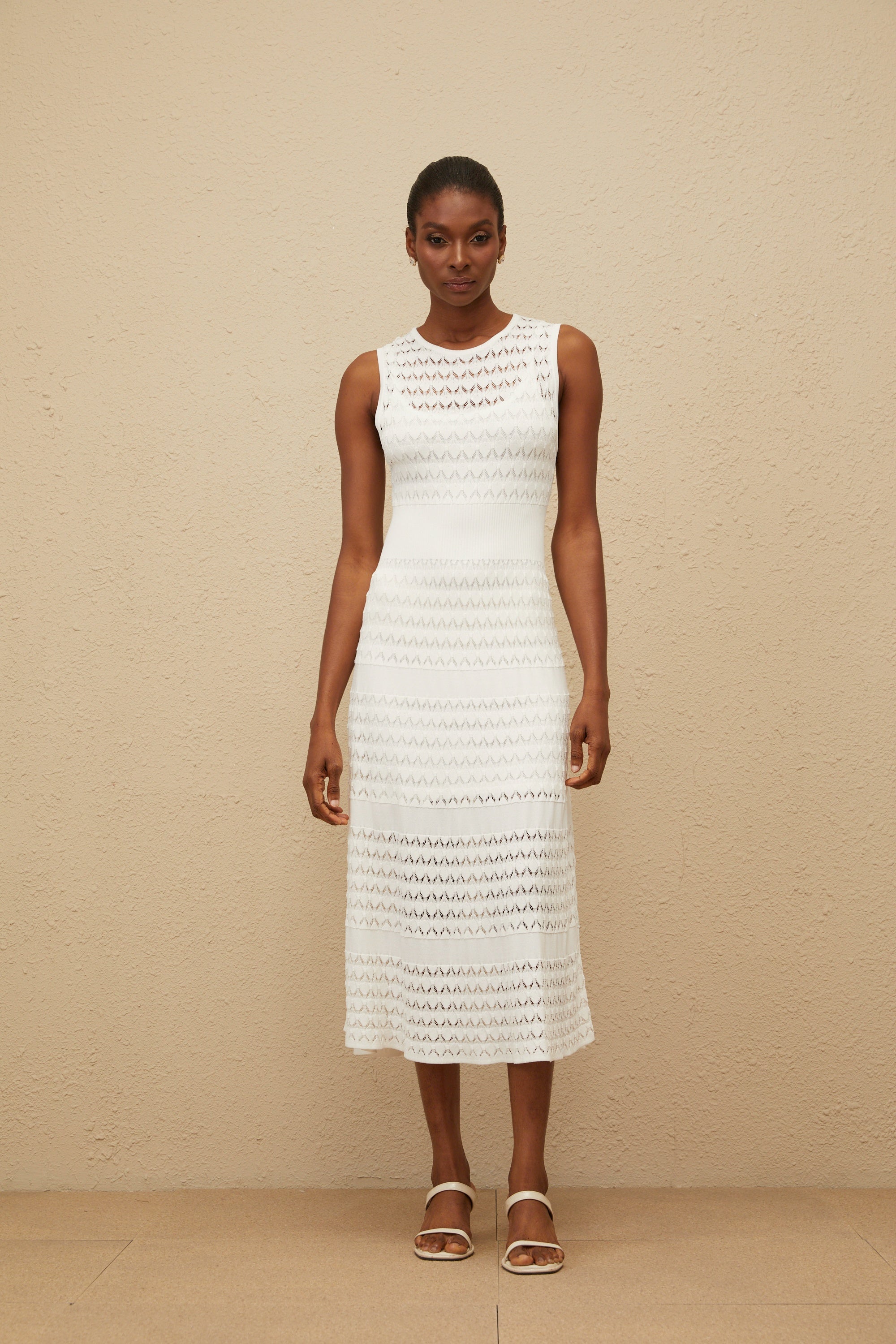Clothilde White Shirred Crochet Knit Midi Dress Clothilde White Shirred Crochet Knit Midi Dress