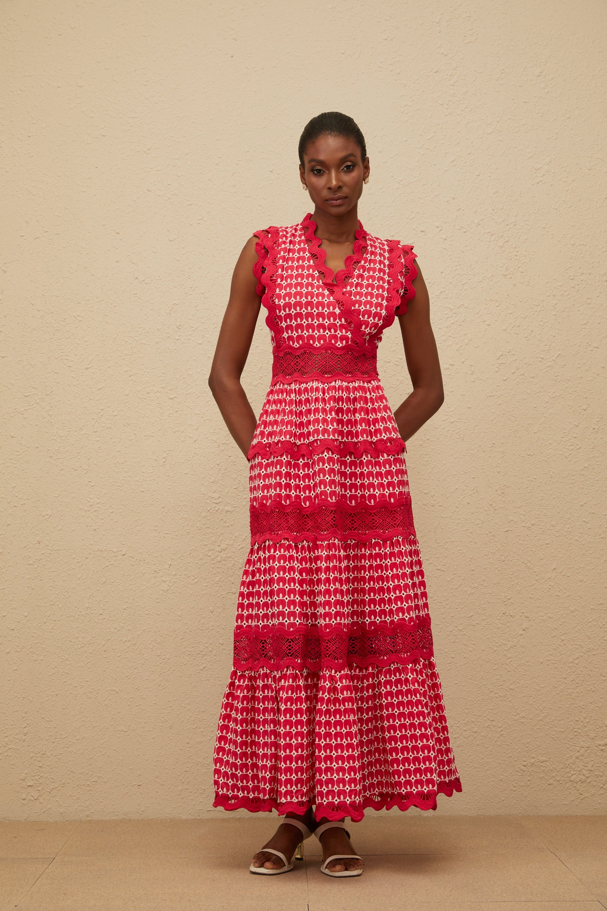 Ténébreuse Red Scalloped Lace Panel Maxi Dress