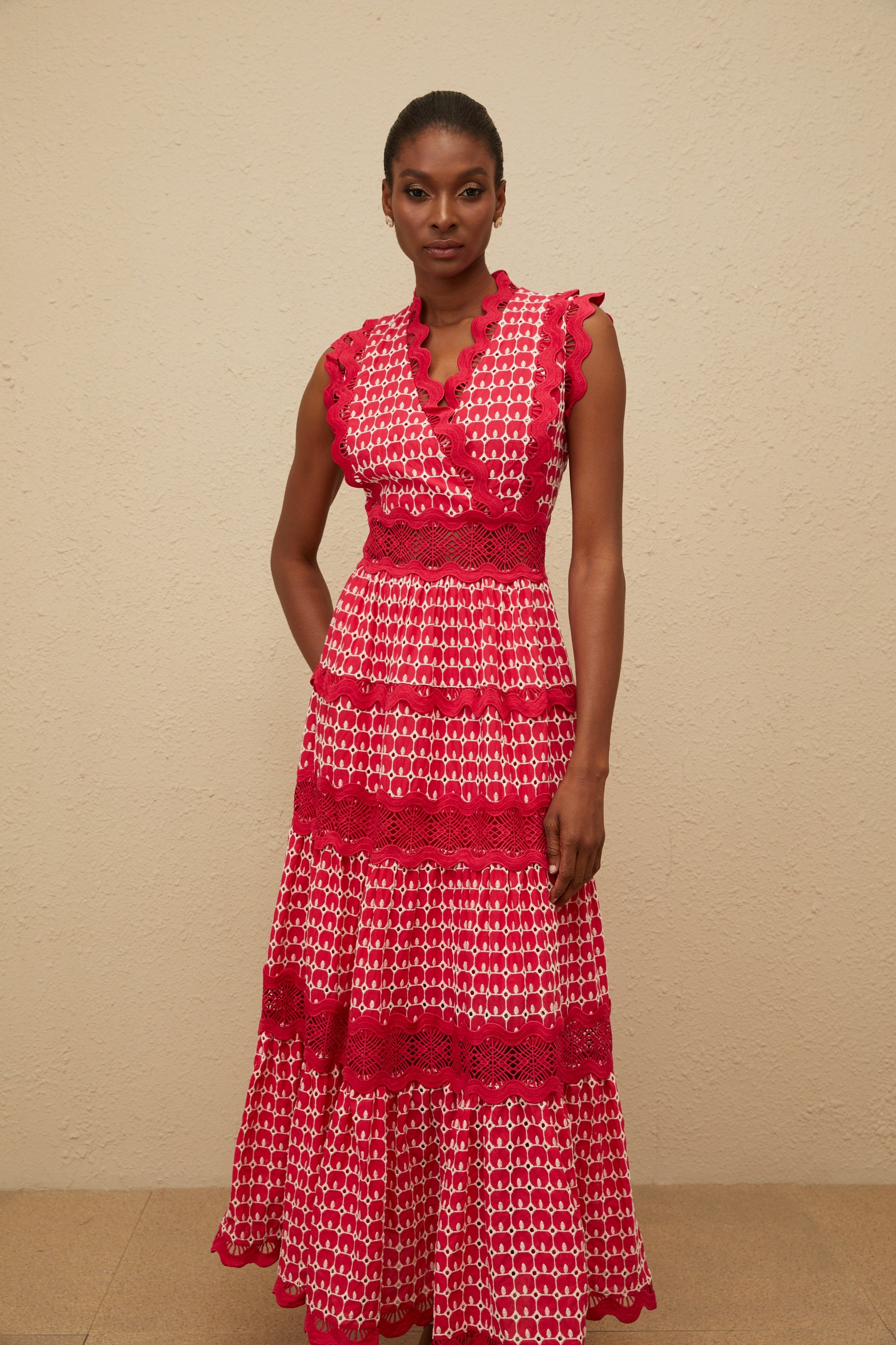 Ténébreuse Red Scalloped Lace Panel Maxi Dress