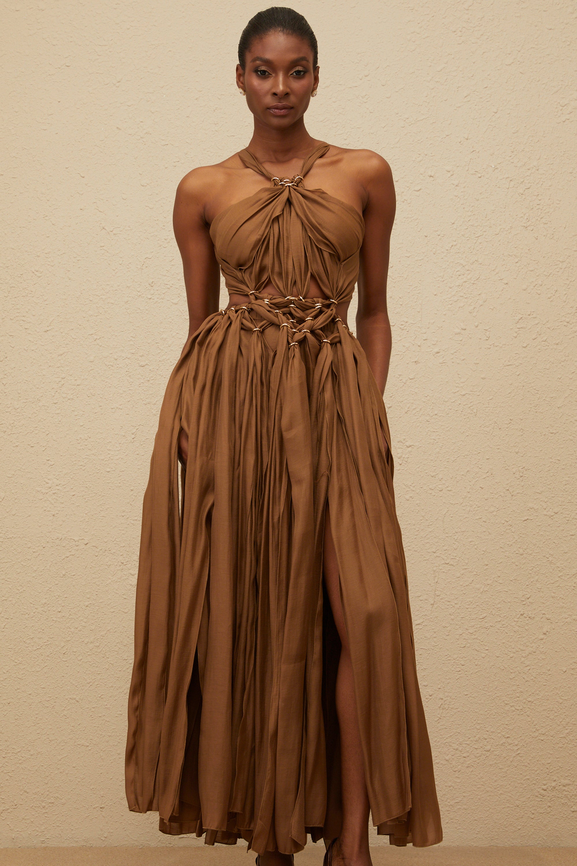 Déotille Brown Braided Cutout Shirred Midi Dress