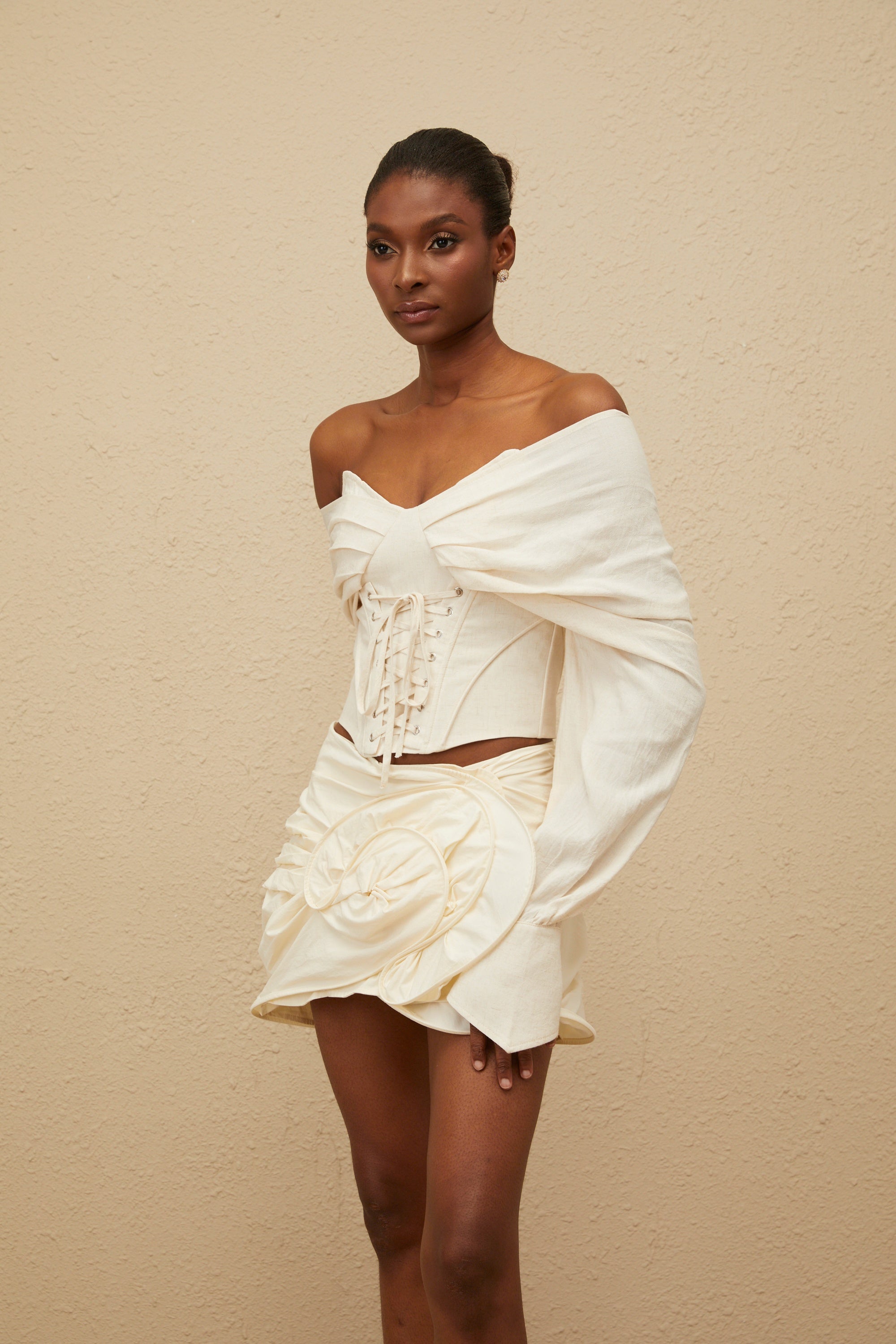 Lotte Neutral Ruched Mini Skirt with Floral Appliqué