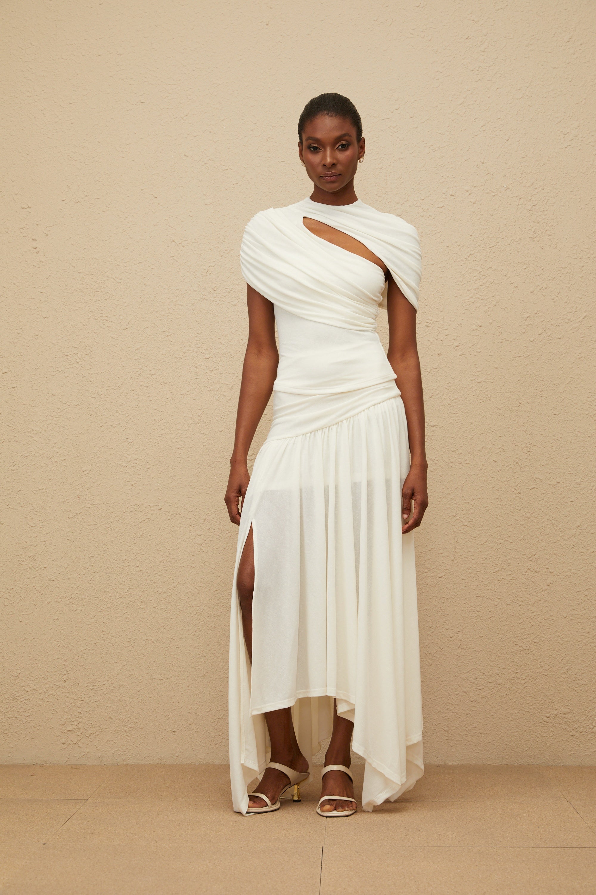 Velours White Asymmetrical Top & Skirt Set