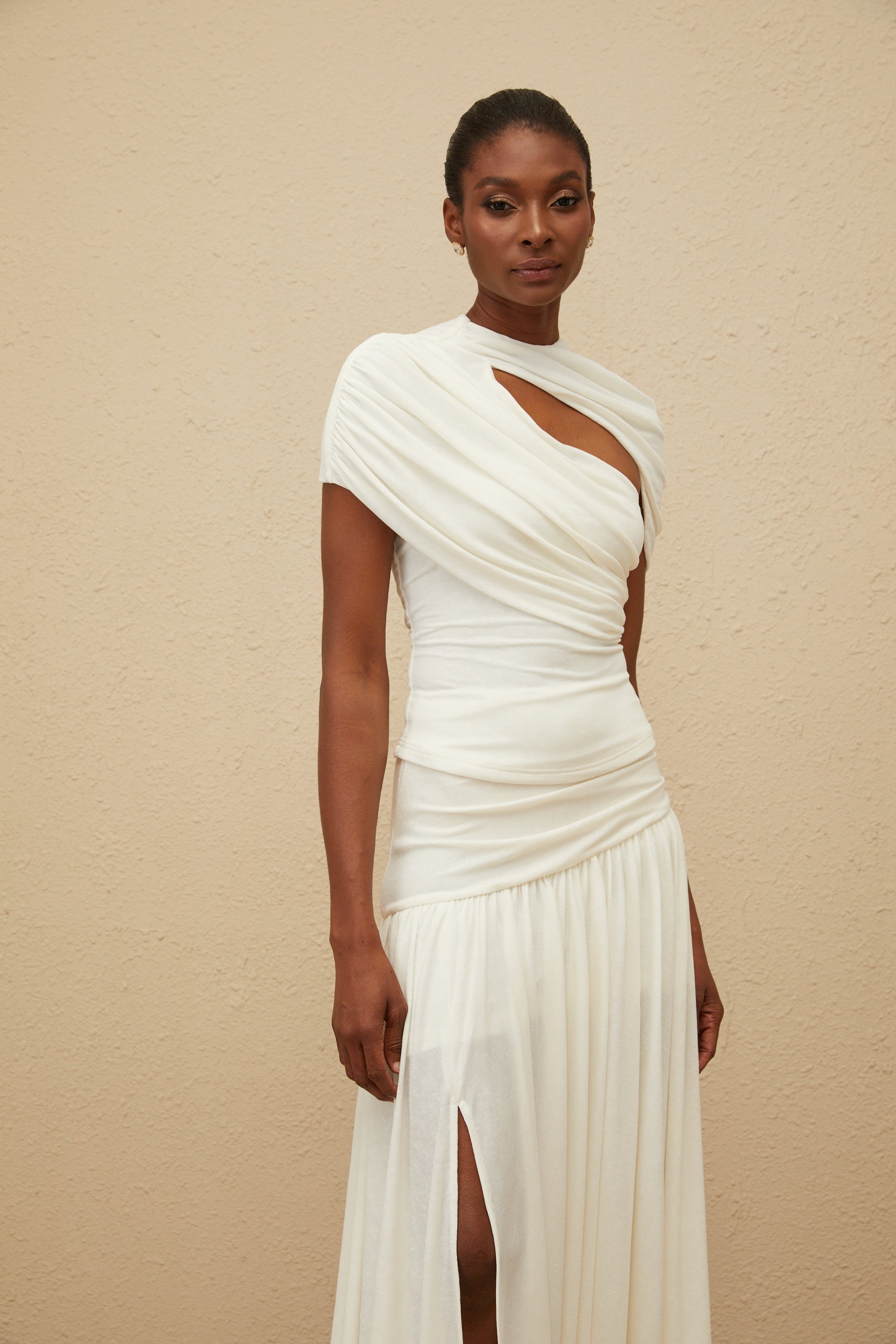 Velours White Asymmetrical Top & Skirt Set