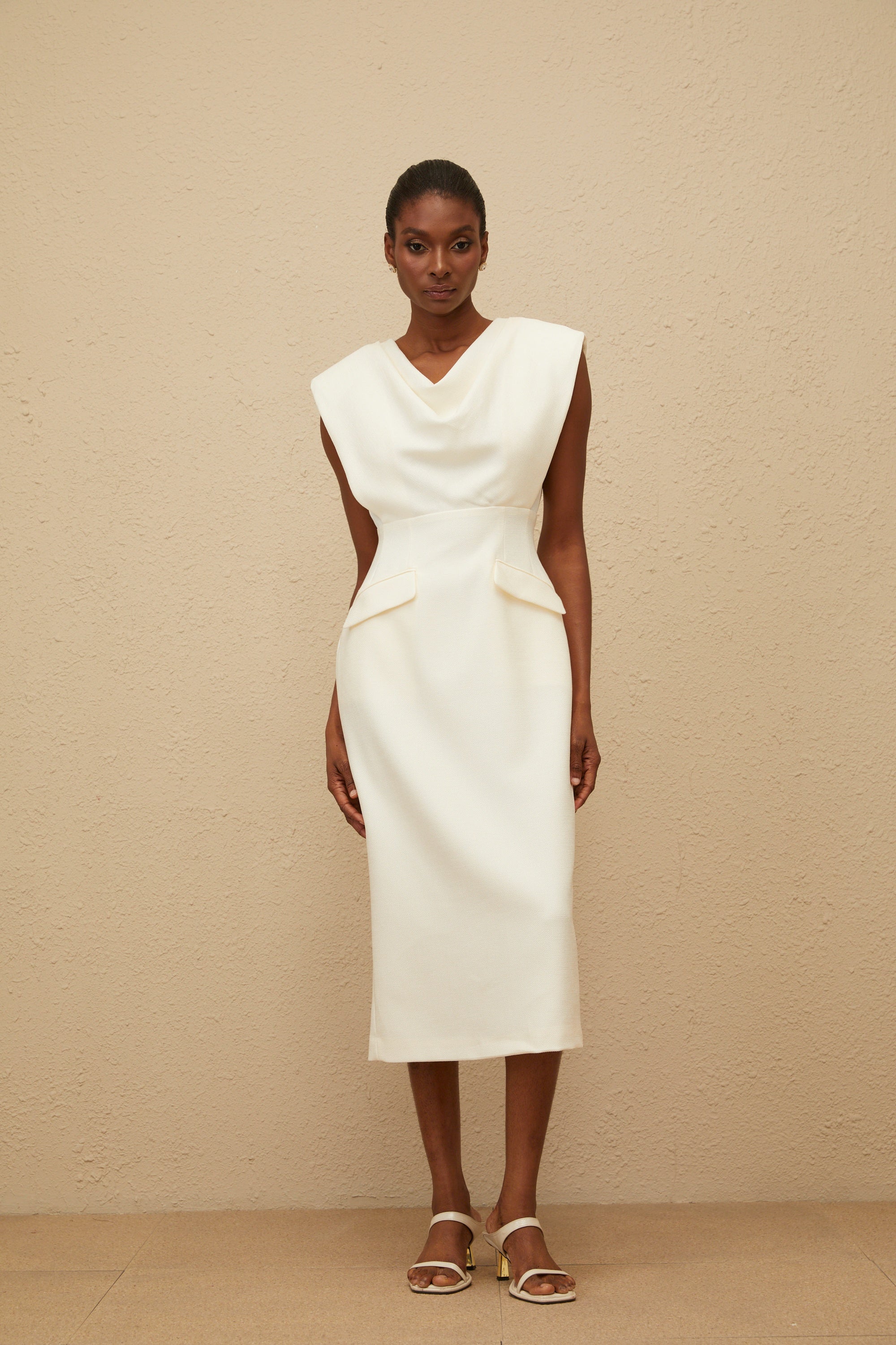 Ondine White Cowl-Neck Pencil Midi Dress