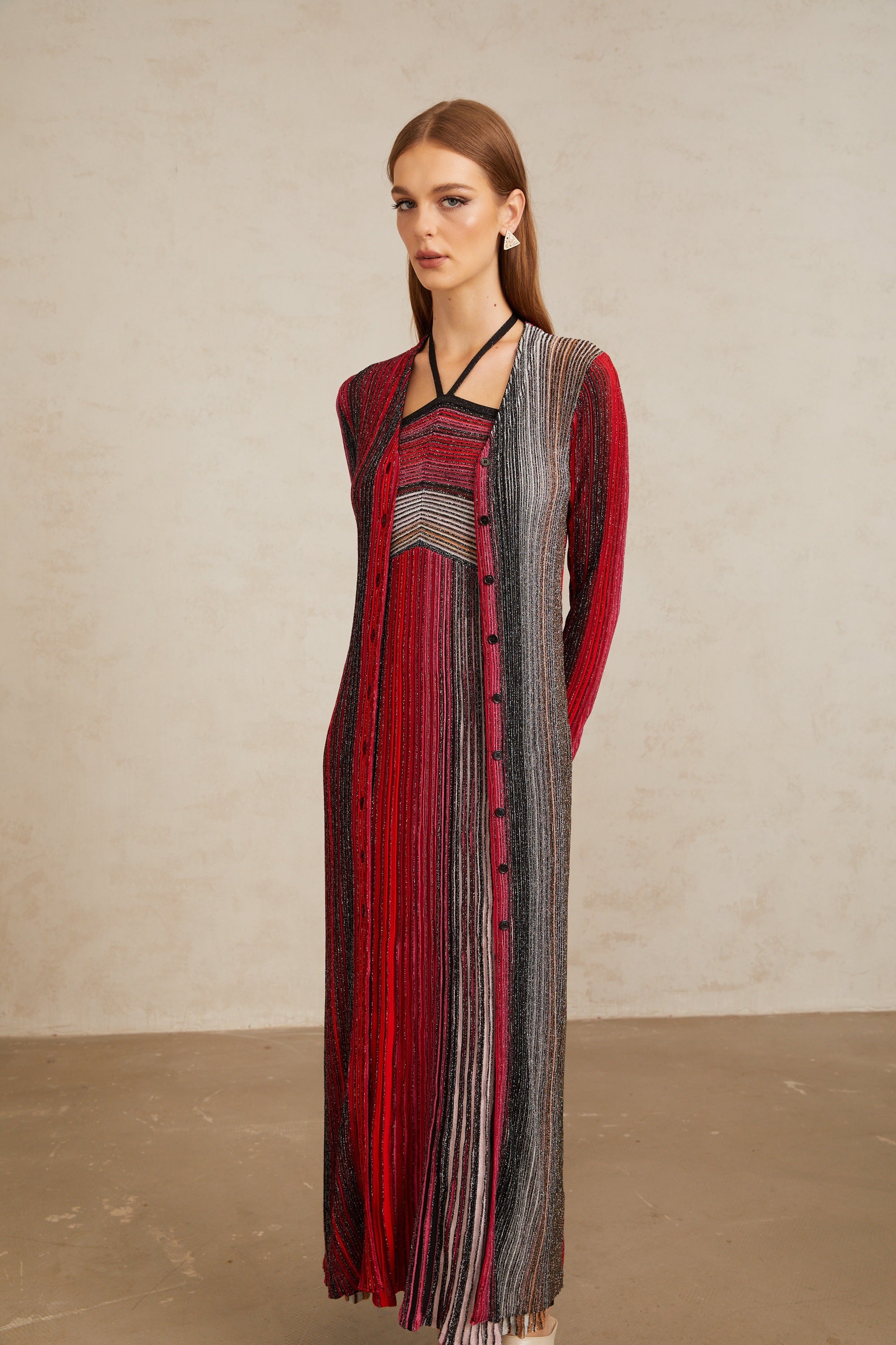 Langer Strickcardigan „Ulysse“ in Rot-Metallic (Endverkauf)